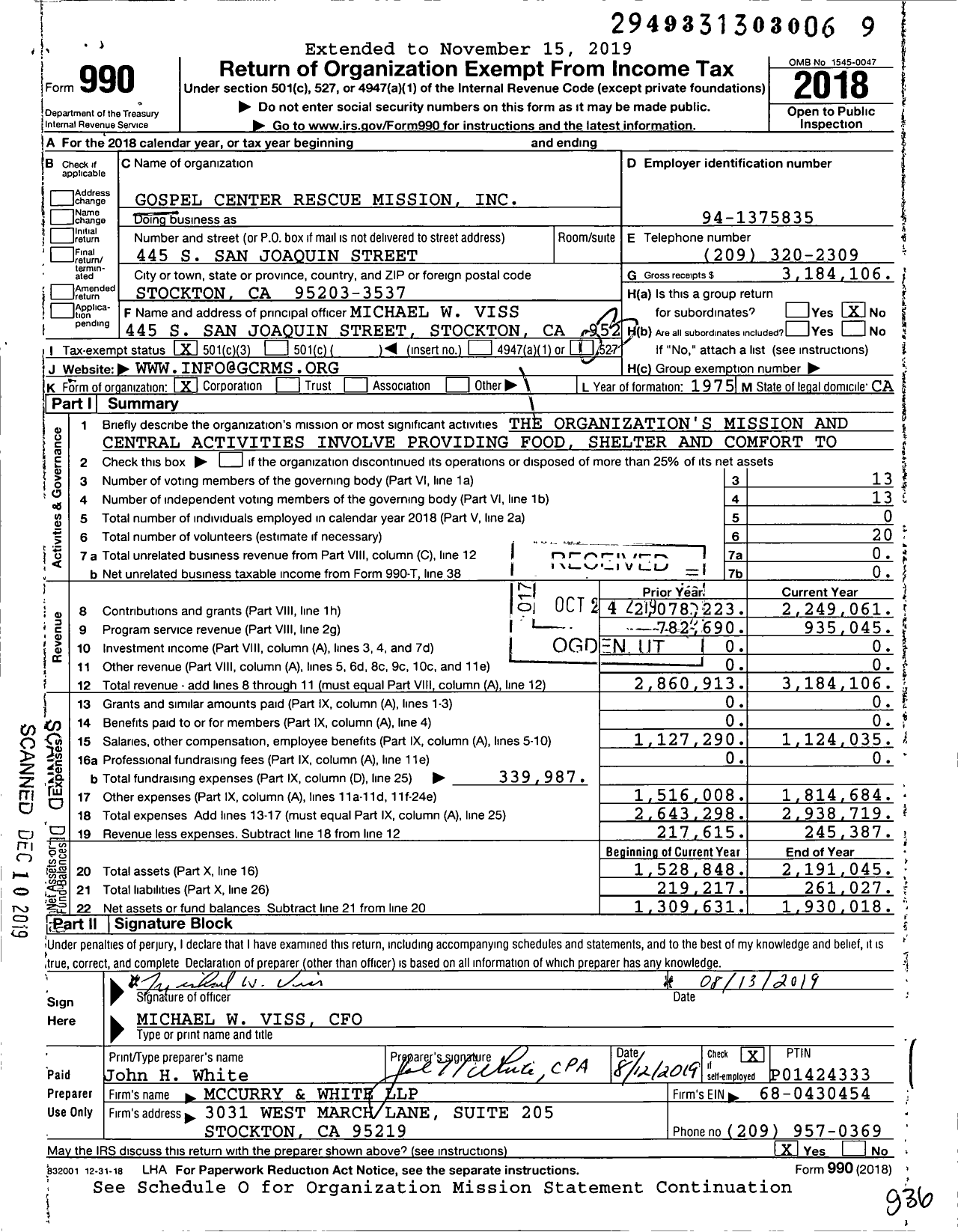 Image of first page of 2018 Form 990 for Gospel Center Rescue Mission
