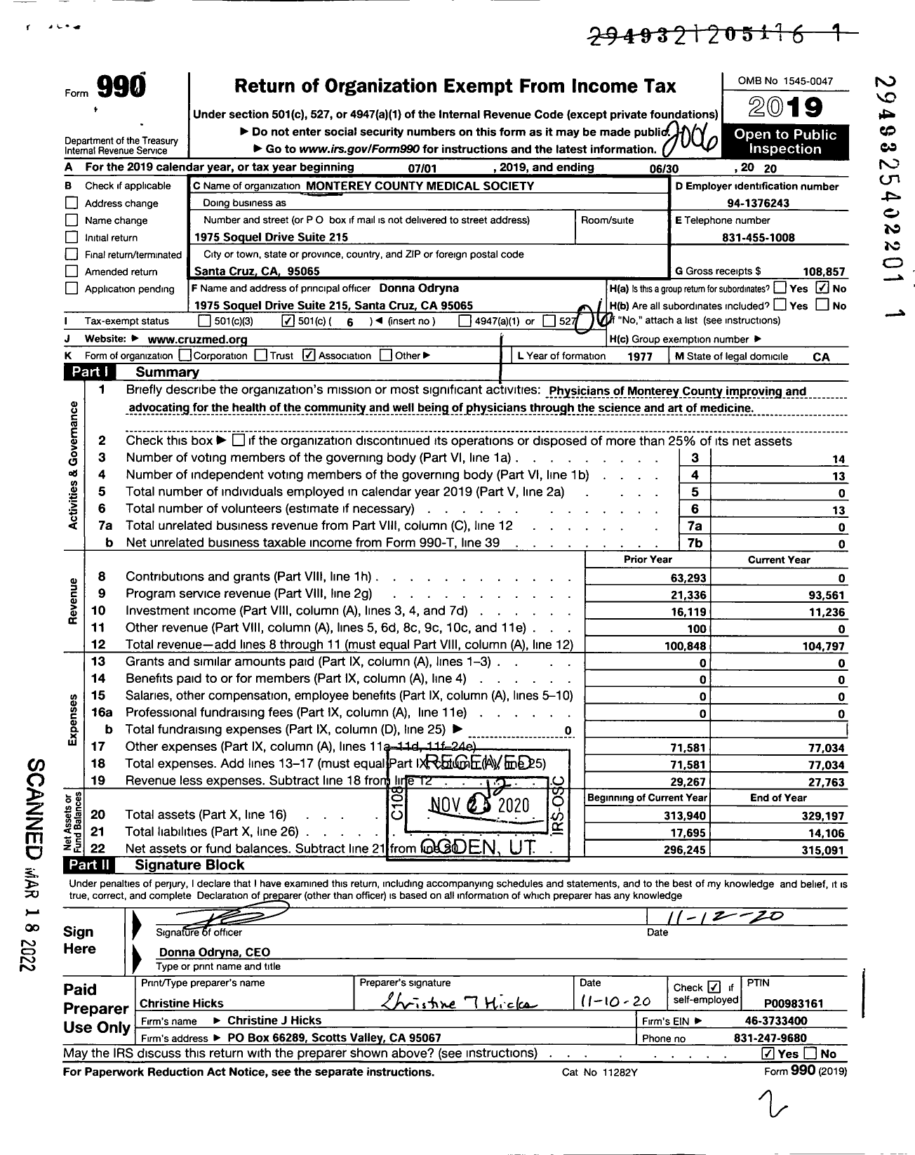 Image of first page of 2019 Form 990O for Monterey County Medical Society