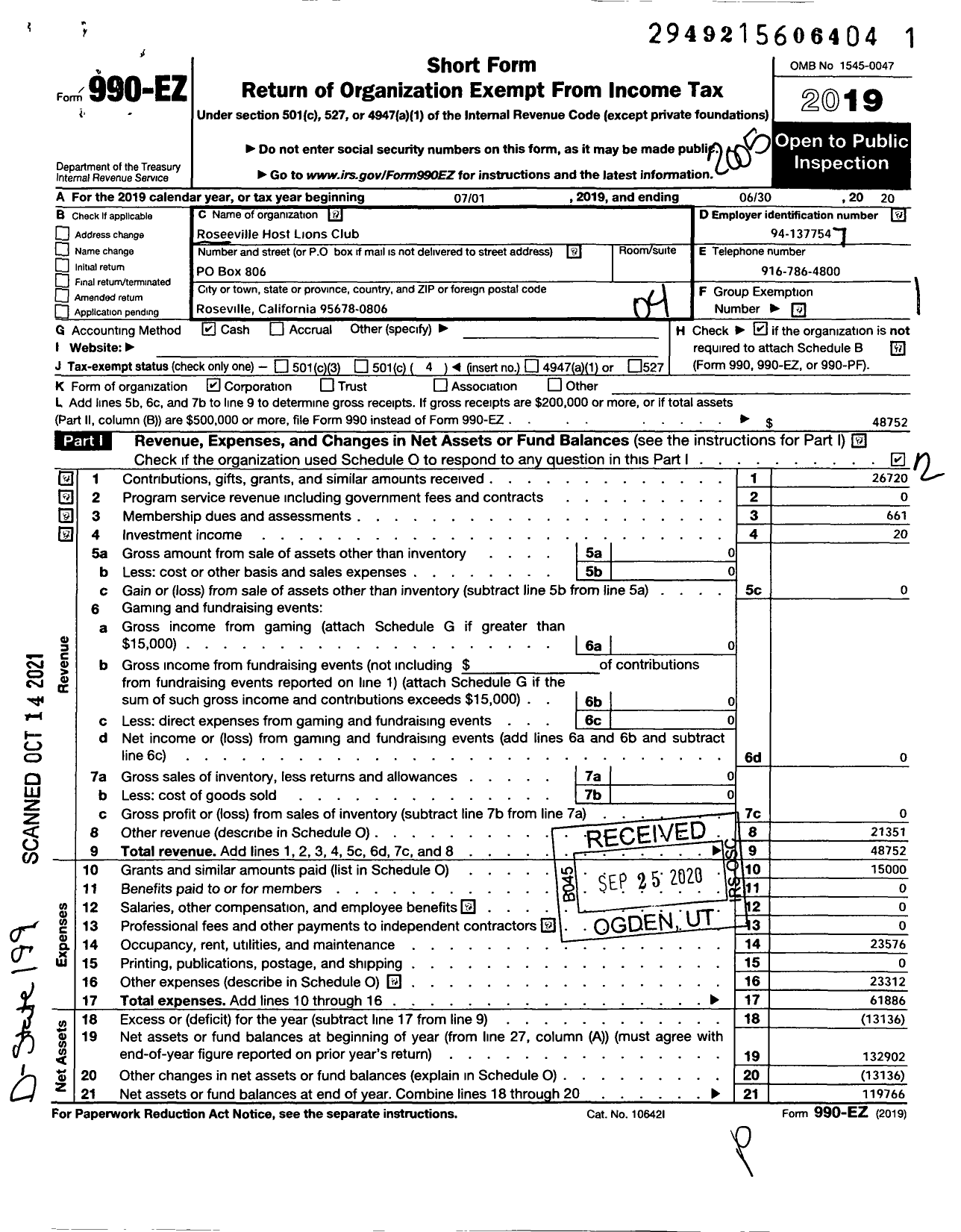 Image of first page of 2019 Form 990EO for Lions Clubs - 2187 Roseville Host