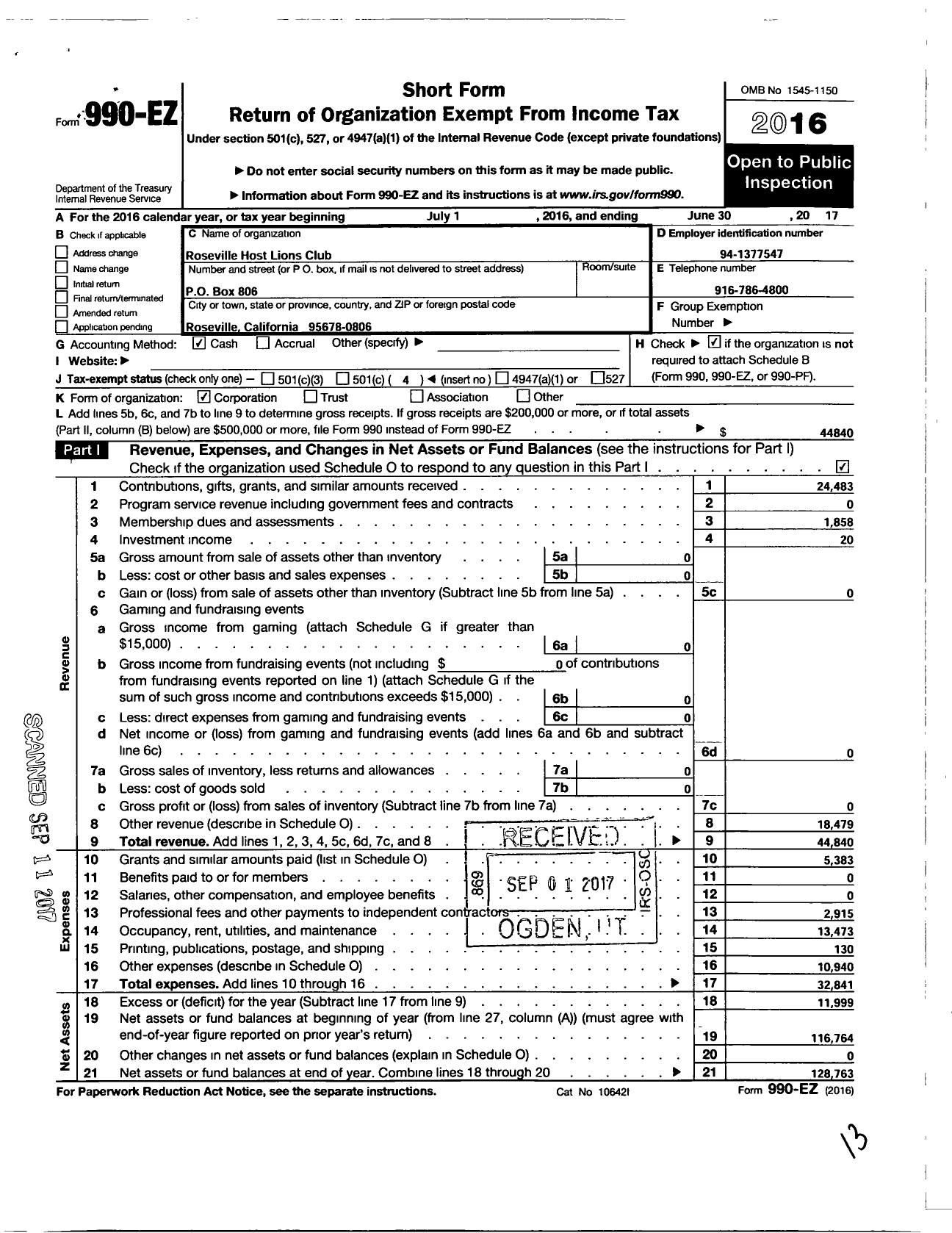 Image of first page of 2016 Form 990EO for Lions Clubs - 2187 Roseville Host