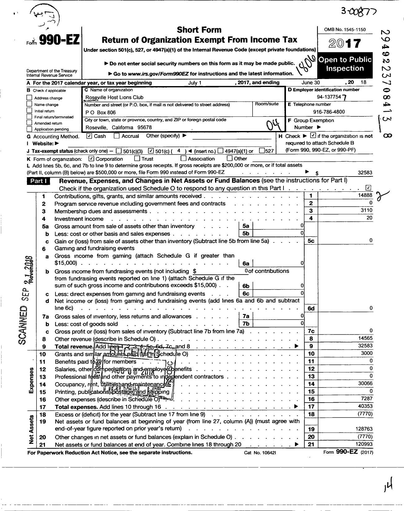 Image of first page of 2017 Form 990EO for Lions Clubs - 2187 Roseville Host