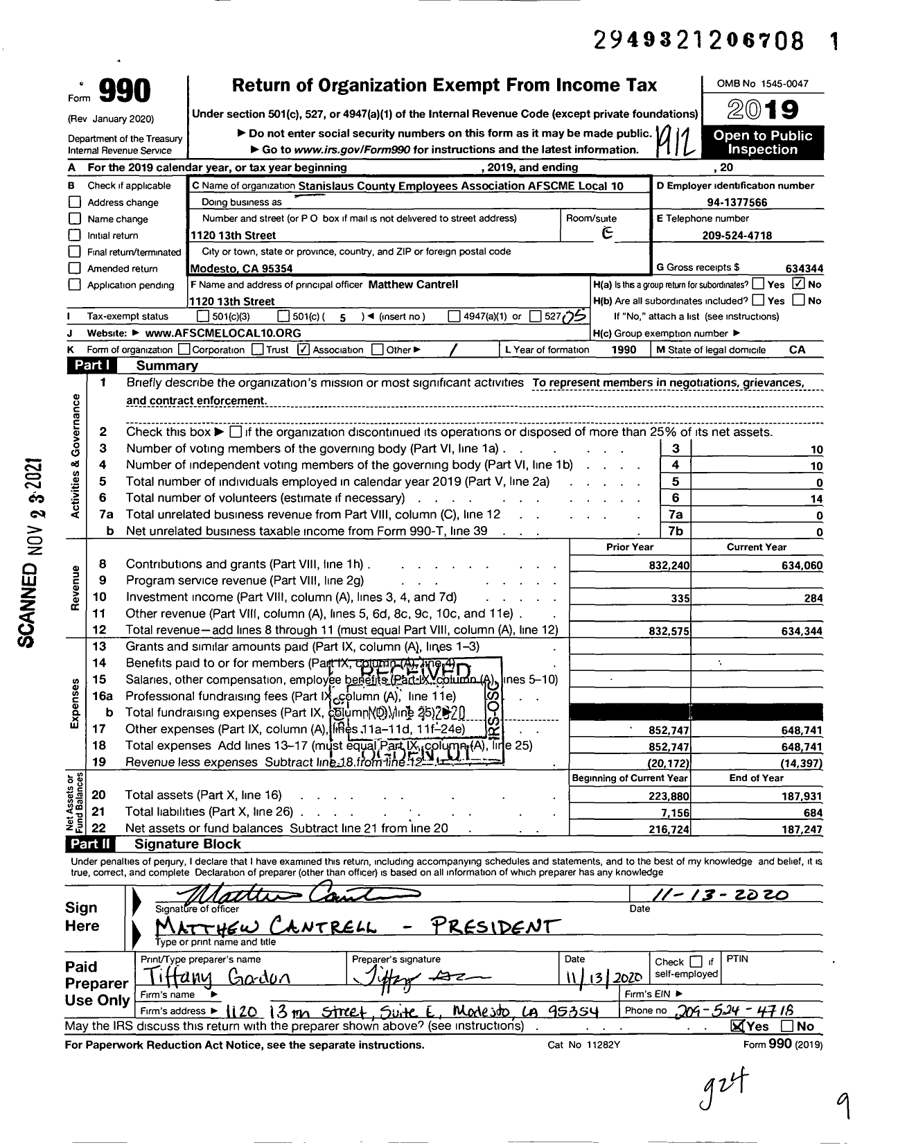 Image of first page of 2019 Form 990O for American Federation of State County & Municipal Employees - L0010ca Stanislaus Co Emps Assoc