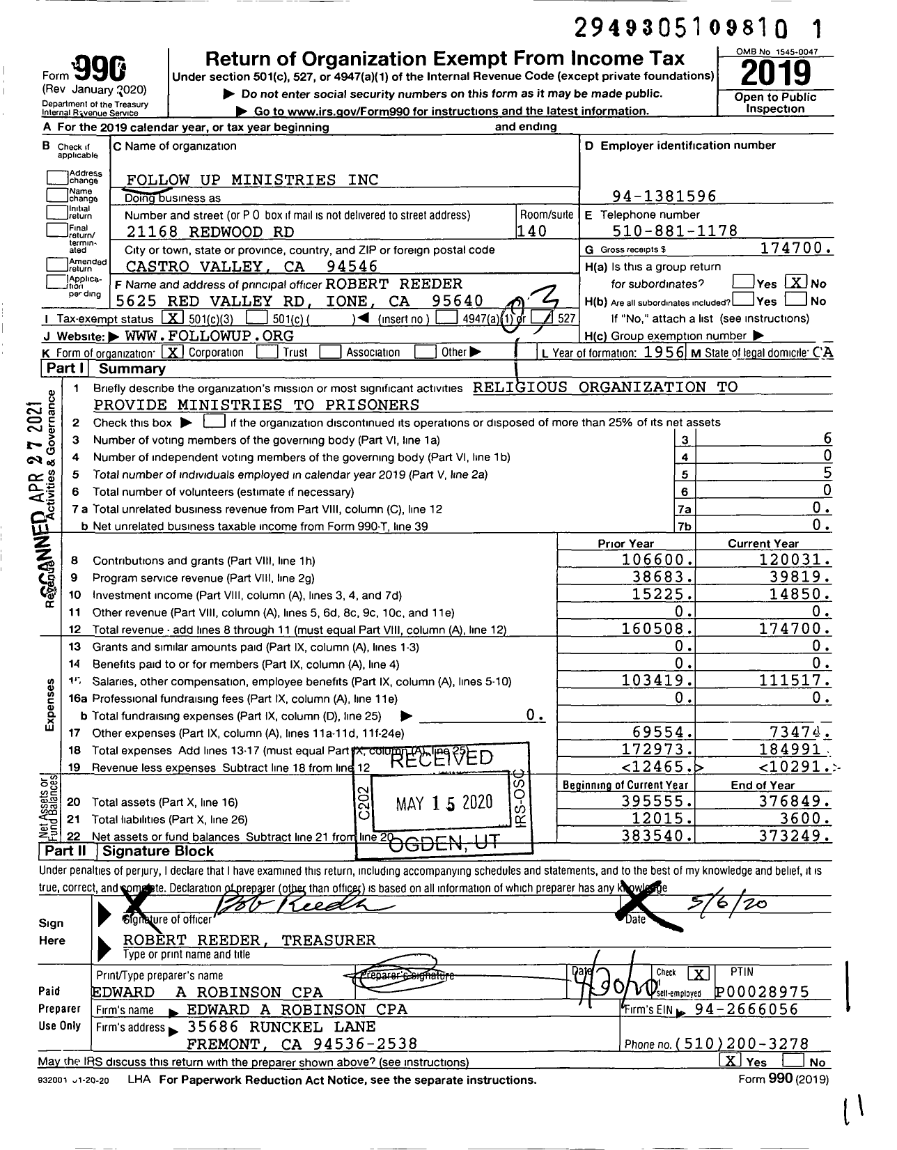 Image of first page of 2019 Form 990 for Follow Up Ministries