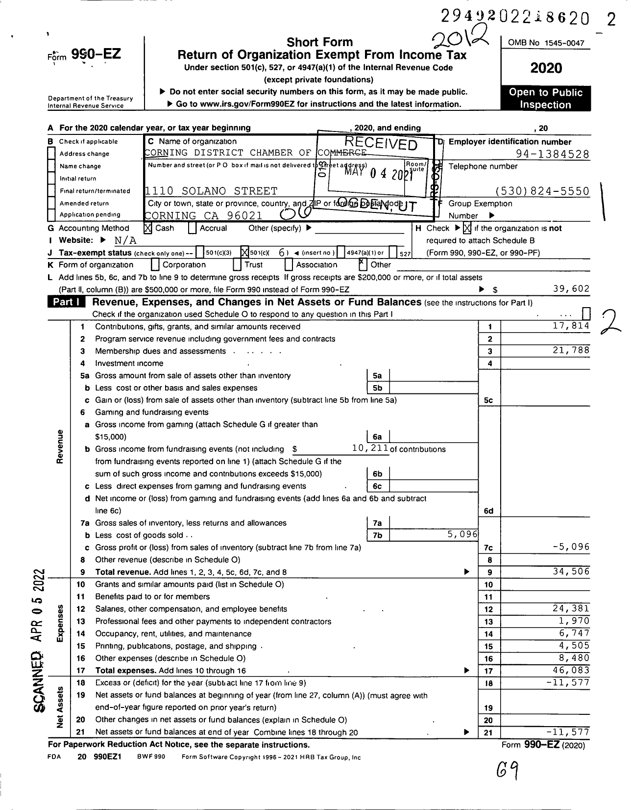 Image of first page of 2020 Form 990EO for Corning District Chamber of Commerce