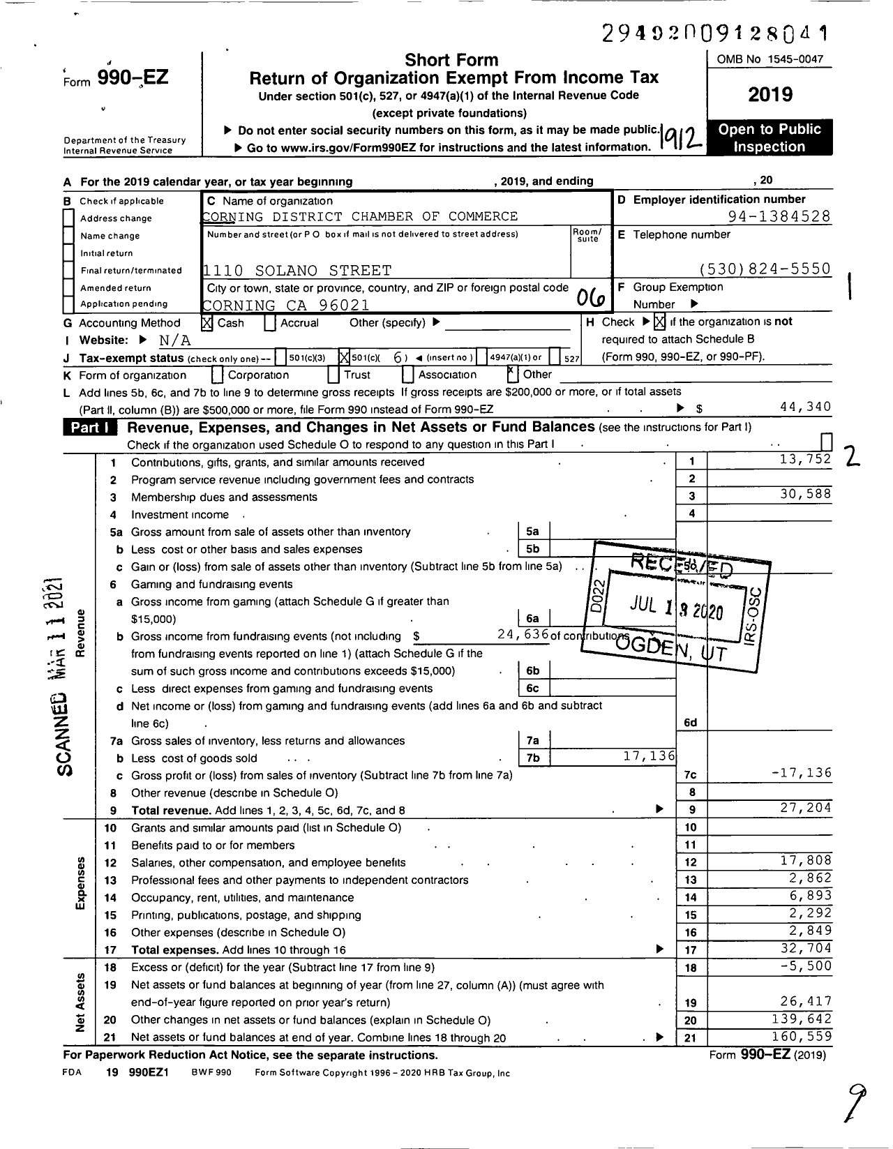 Image of first page of 2019 Form 990EO for Corning District Chamber of Commerce