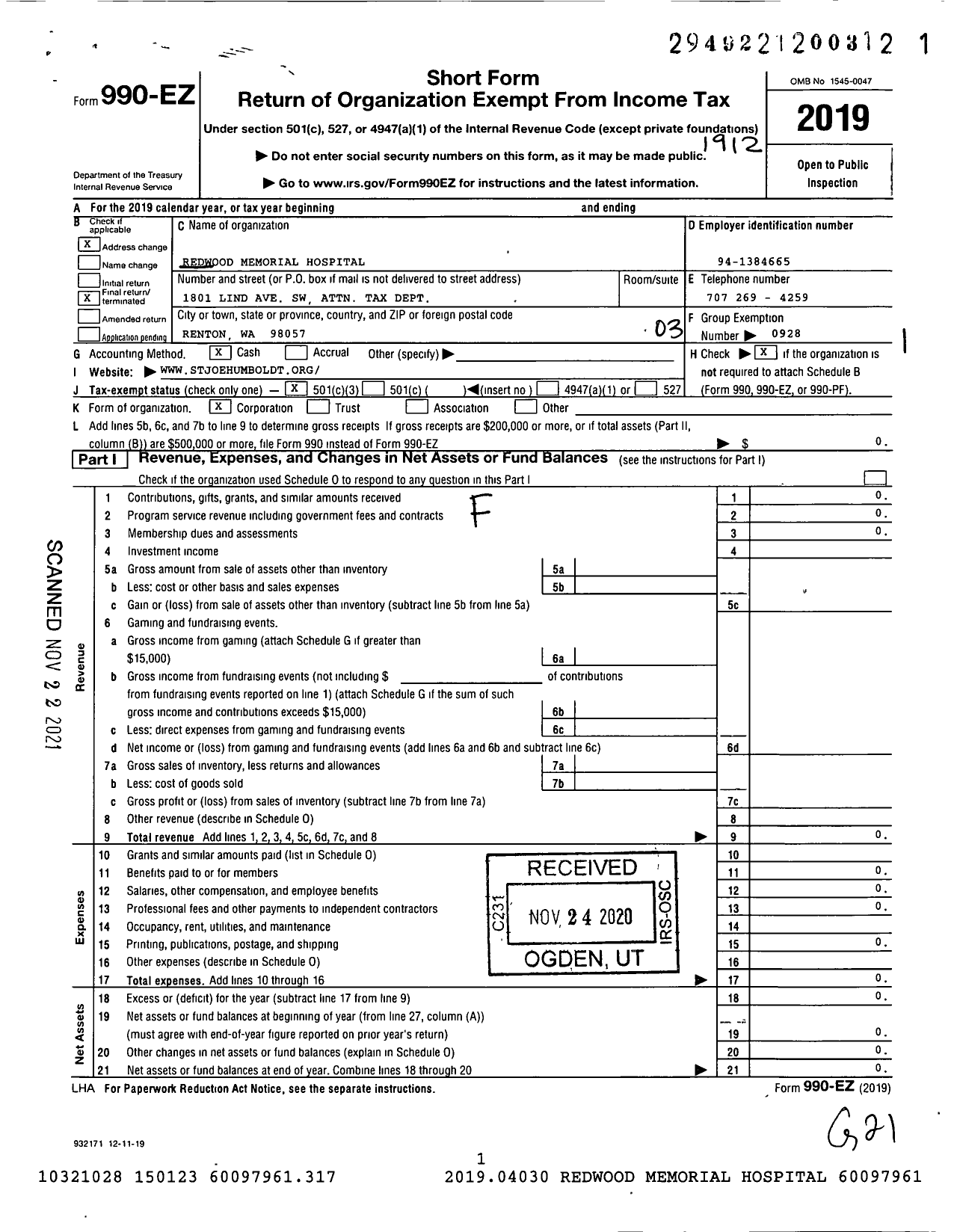Image of first page of 2019 Form 990EZ for Redwood Memorial Hospital