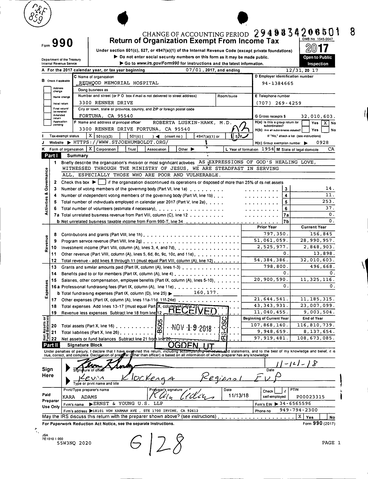 Image of first page of 2017 Form 990 for Redwood Memorial Hospital