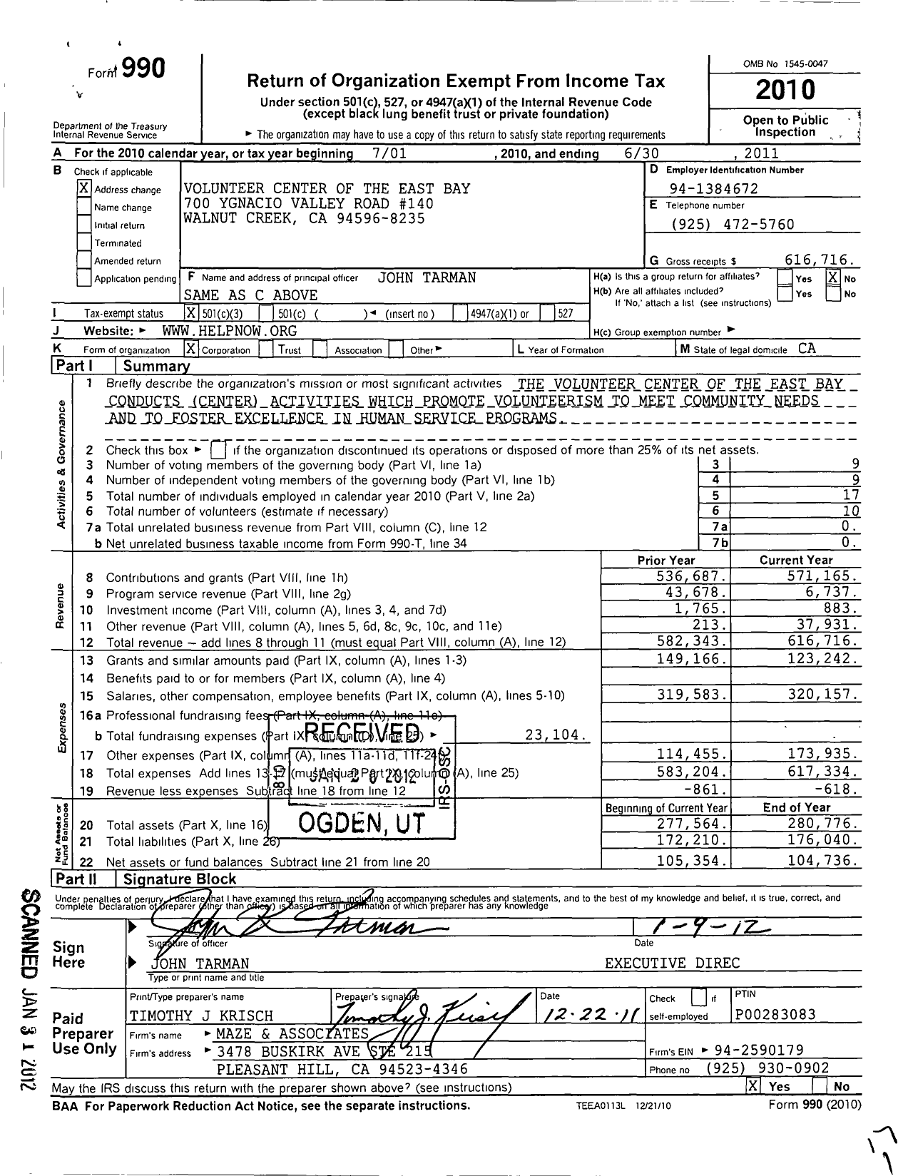 Image of first page of 2010 Form 990 for Volunteer Center of the East Bay