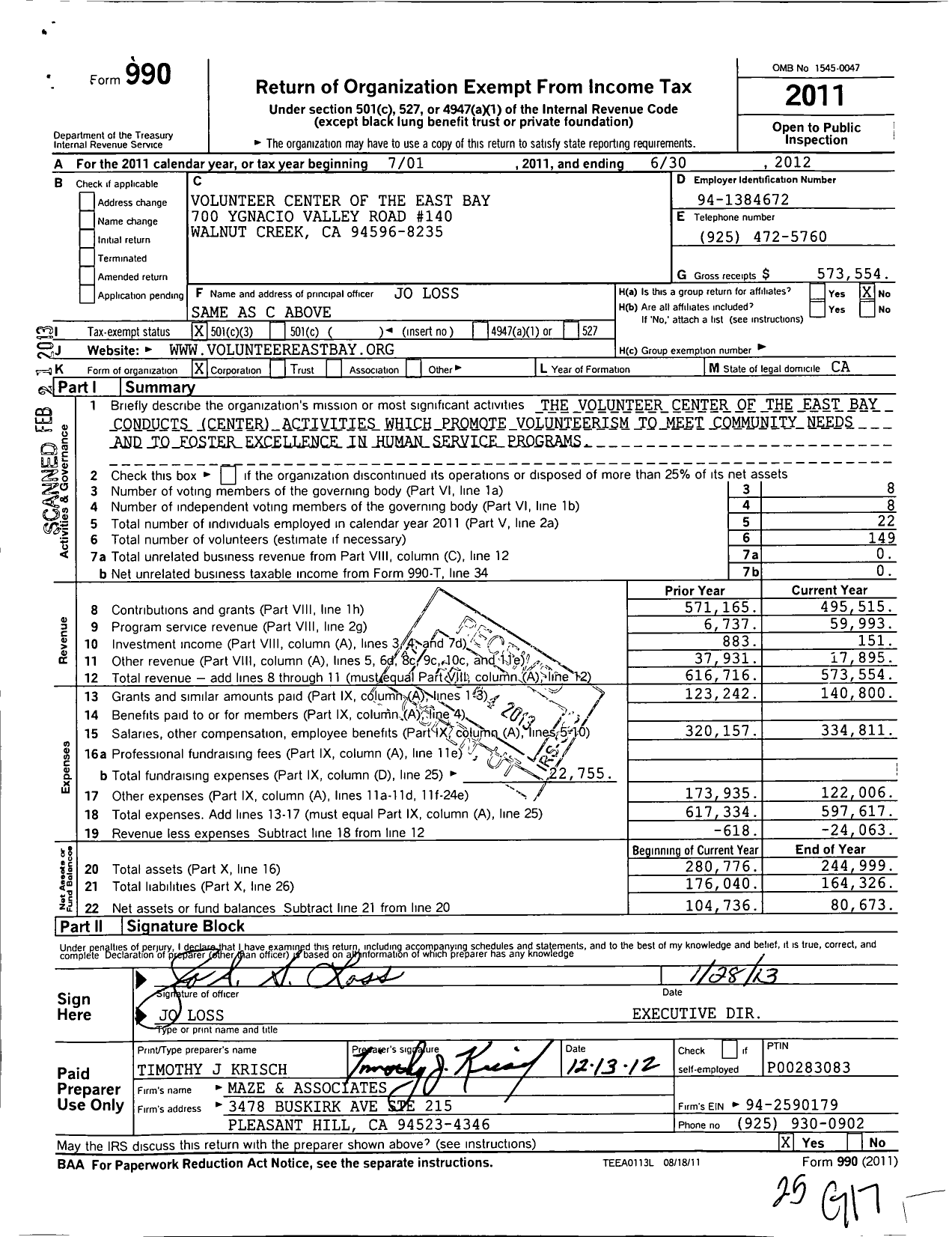 Image of first page of 2011 Form 990 for Volunteer Center of the East Bay