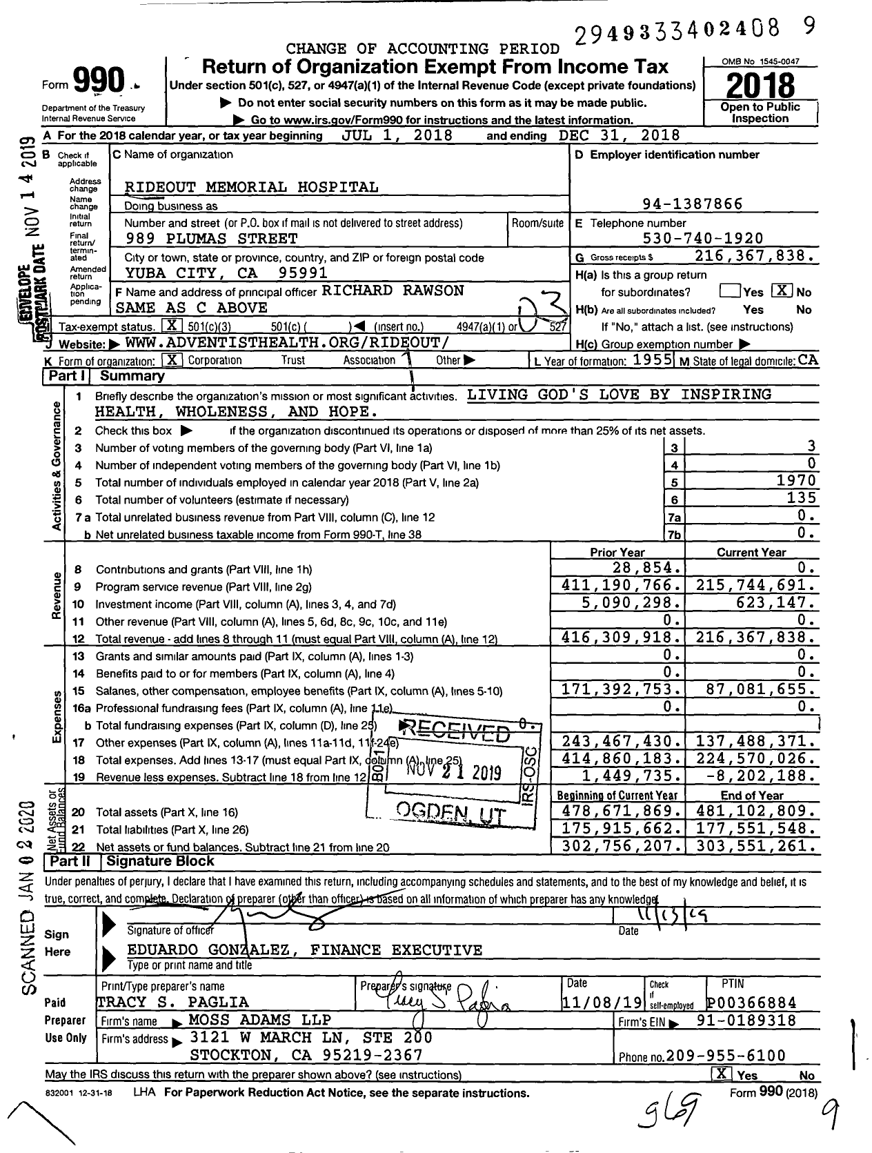 Image of first page of 2018 Form 990 for Adventist Health and Rideout