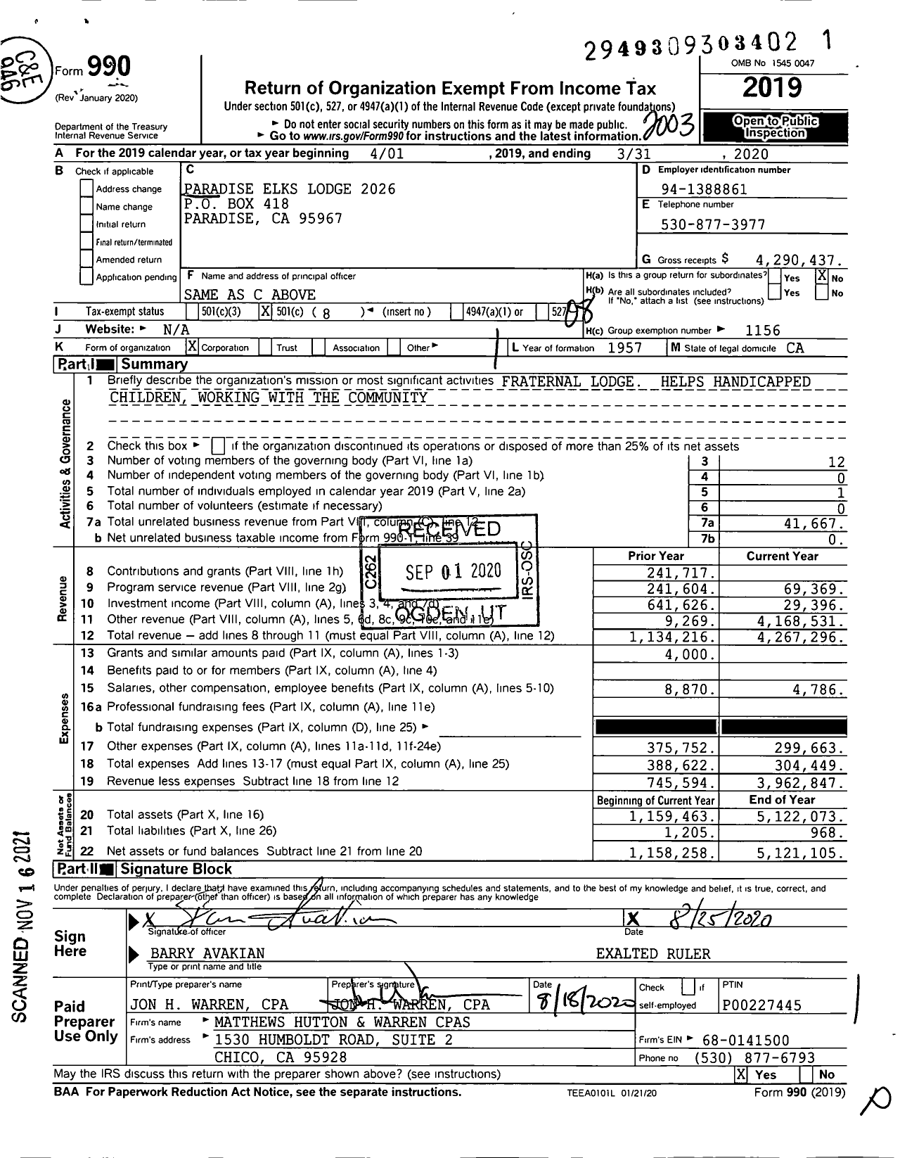 Image of first page of 2019 Form 990O for Benevolent and Protective Order of Elks - 2026 Paradise