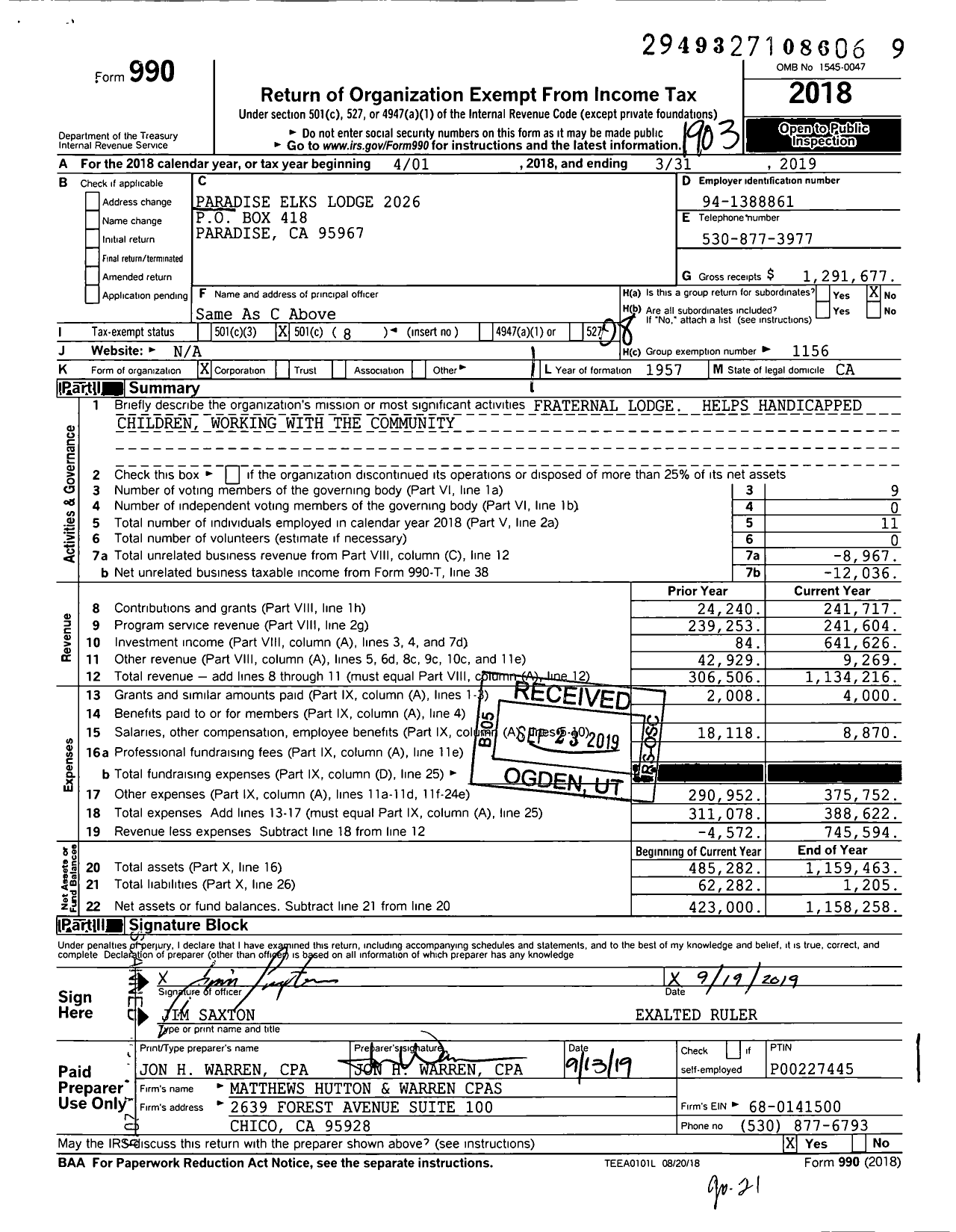 Image of first page of 2018 Form 990O for Benevolent and Protective Order of Elks - 2026 Paradise