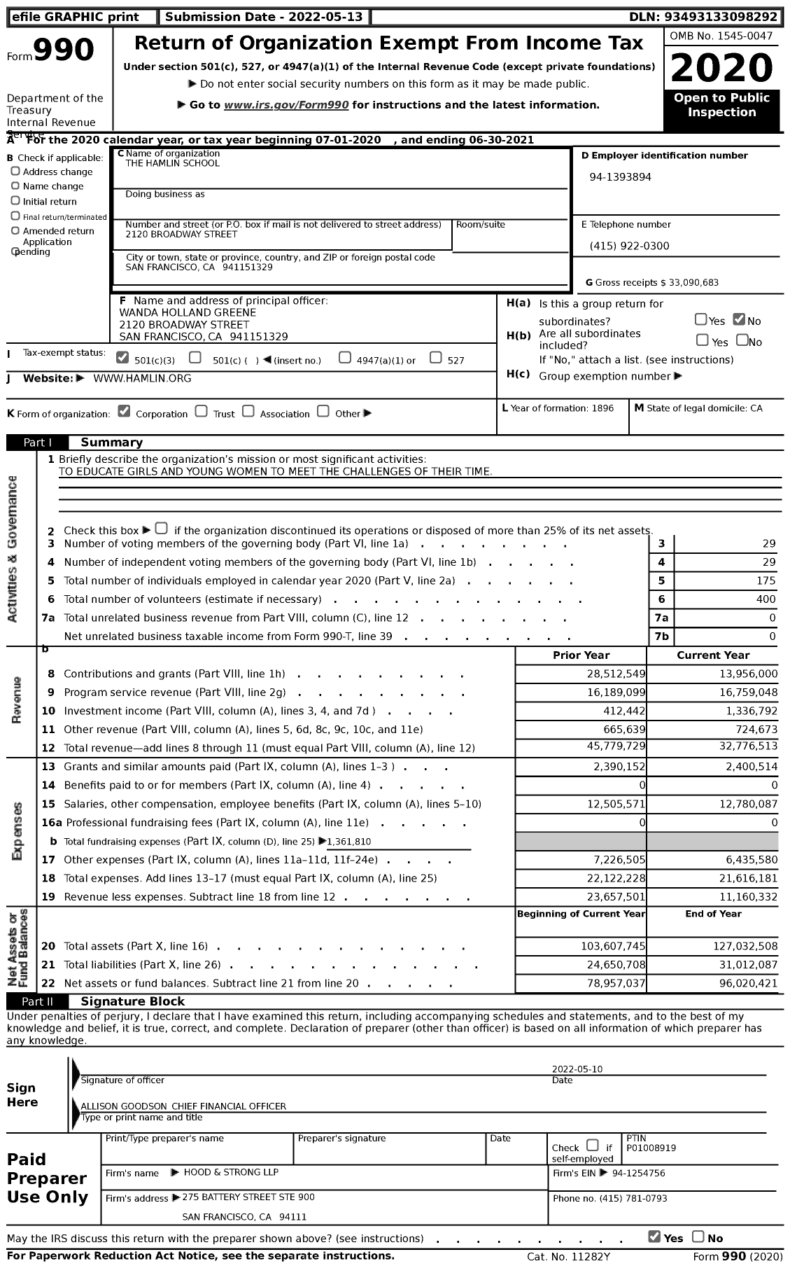 Image of first page of 2020 Form 990 for The Hamlin School