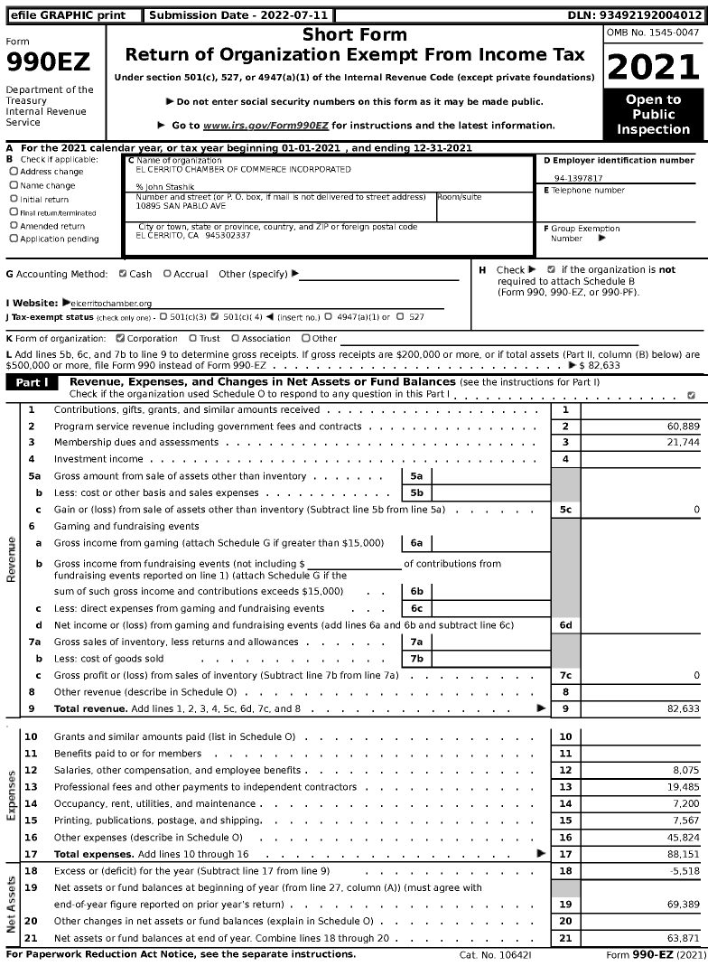 Image of first page of 2021 Form 990EZ for El Cerrito Chamber of Commerce Incorporated