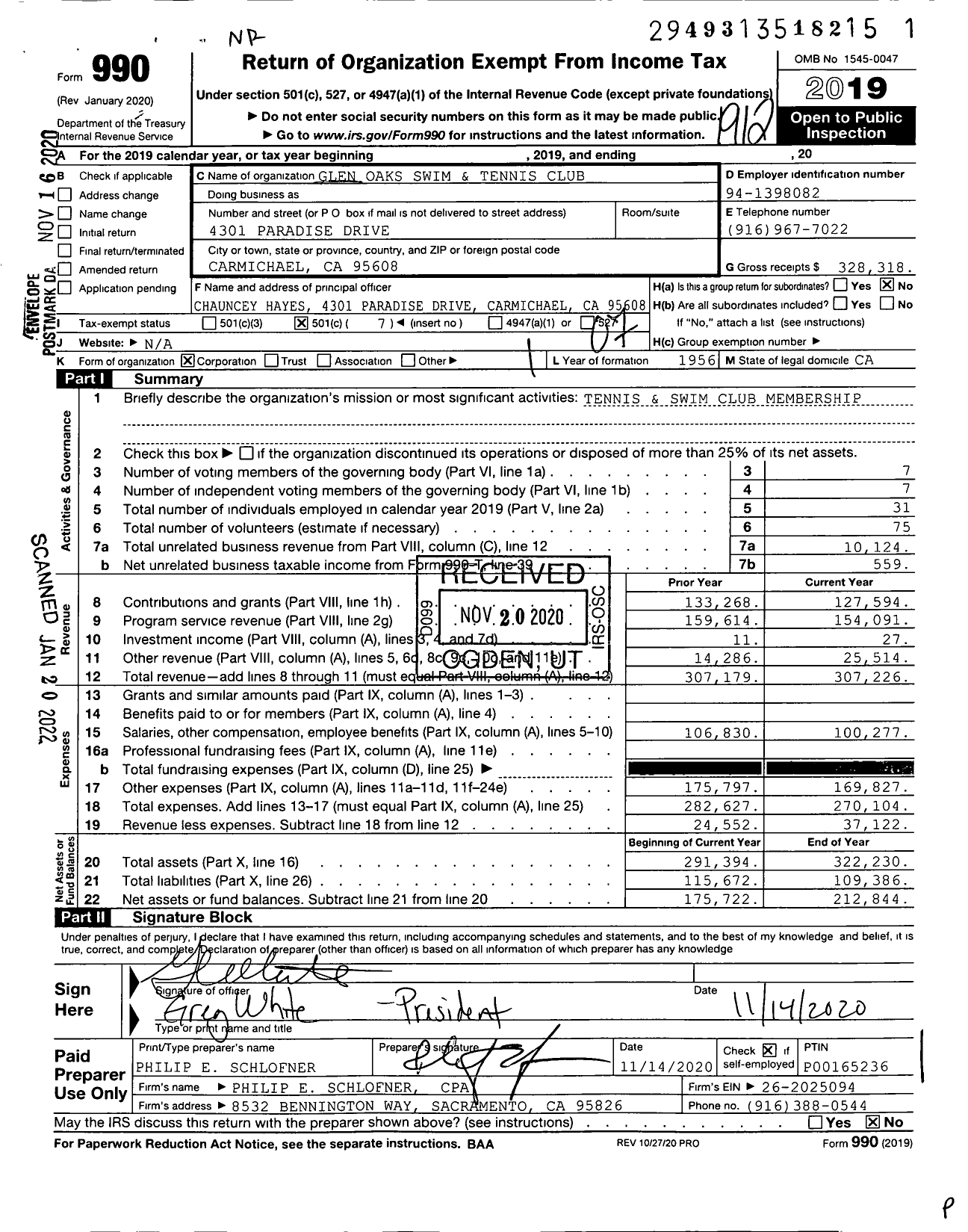 Image of first page of 2019 Form 990O for Glen Oaks Swim and Tennis Club