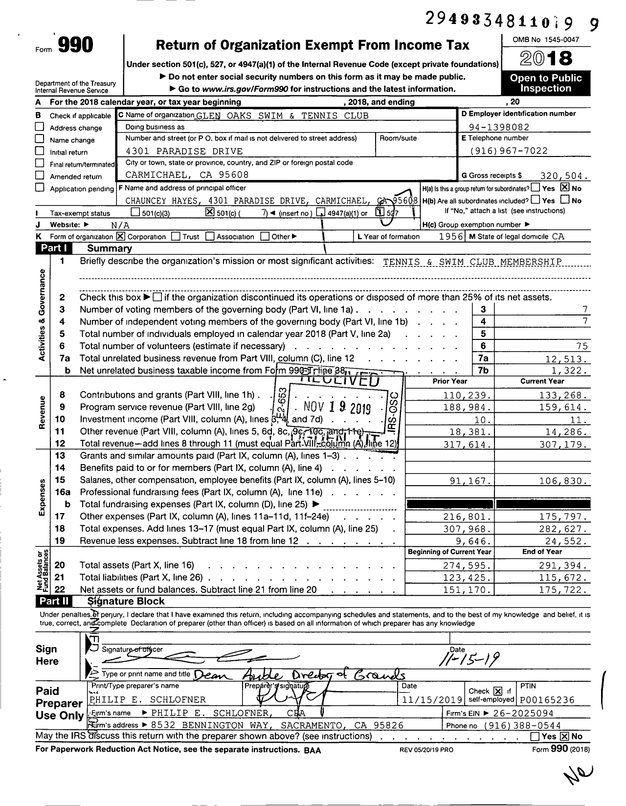 Image of first page of 2018 Form 990O for Glen Oaks Swim and Tennis Club