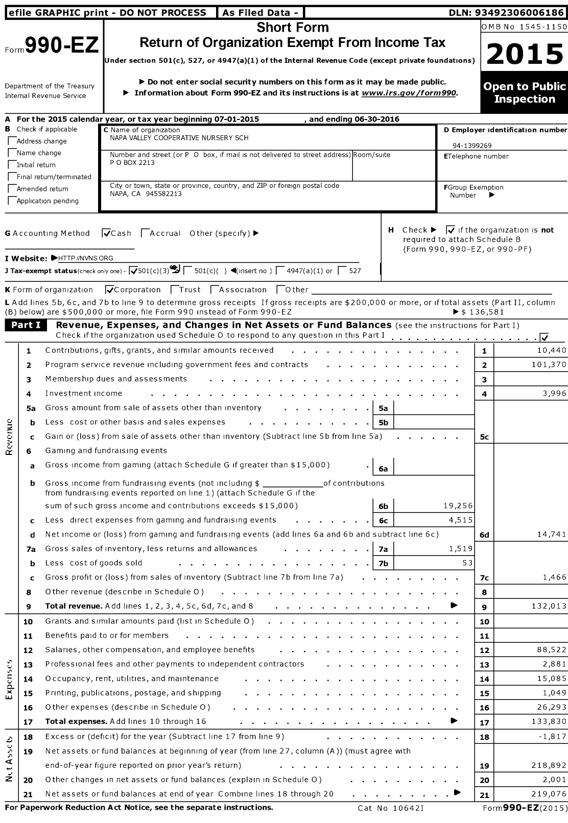 Image of first page of 2015 Form 990EZ for Napa Valley Cooperative Nursery SCH