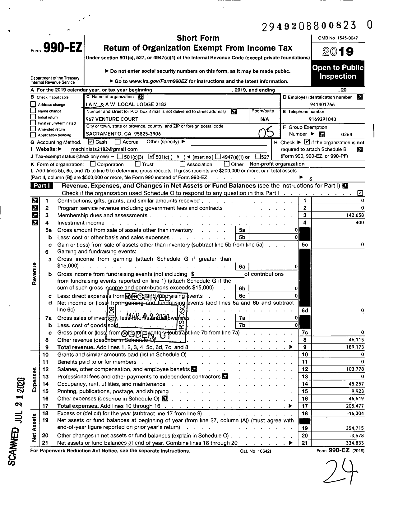 Image of first page of 2019 Form 990EO for International Association of Machinists and Aerospace Workers - 2182