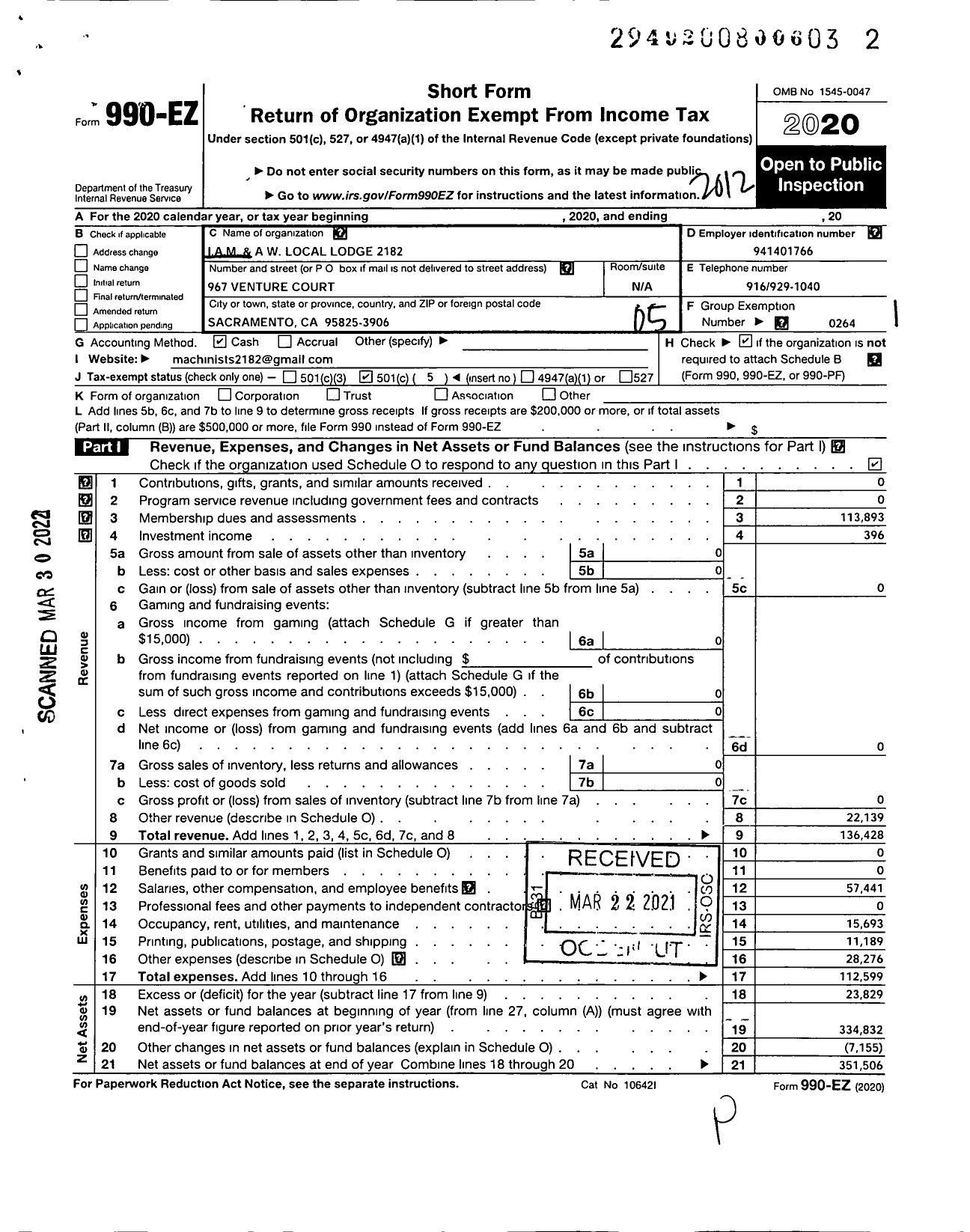 Image of first page of 2020 Form 990EO for International Association of Machinists and Aerospace Workers - 2182