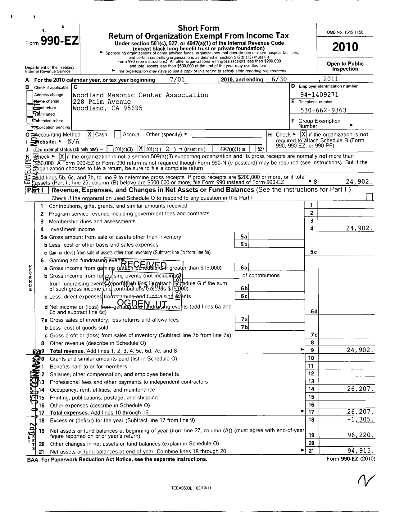 Image of first page of 2010 Form 990EO for Woodland Masonic Center Association