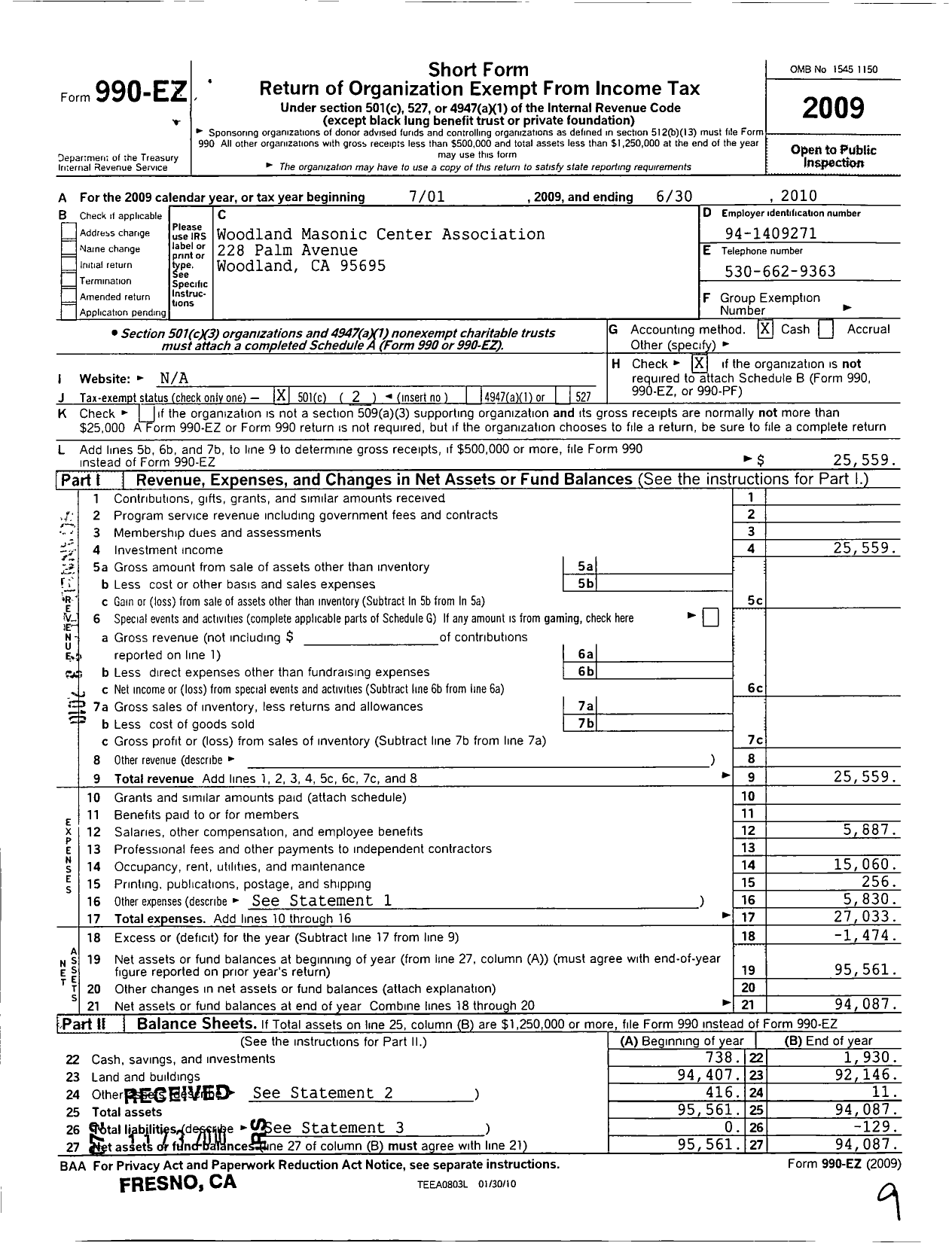 Image of first page of 2009 Form 990EO for Woodland Masonic Center Association