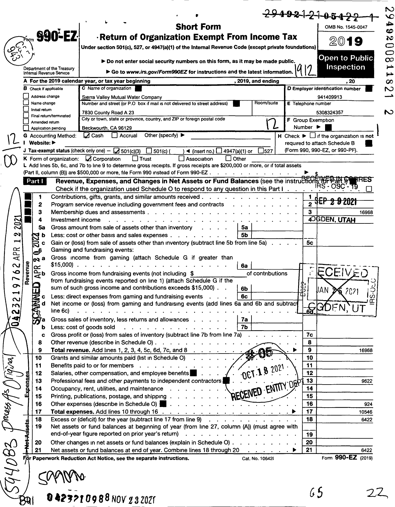 Image of first page of 2019 Form 990EO for Sierra Valley Water Company