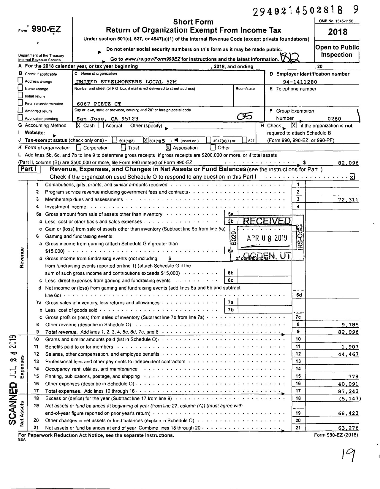 Image of first page of 2018 Form 990EO for United Steelworkers - 00052m Local