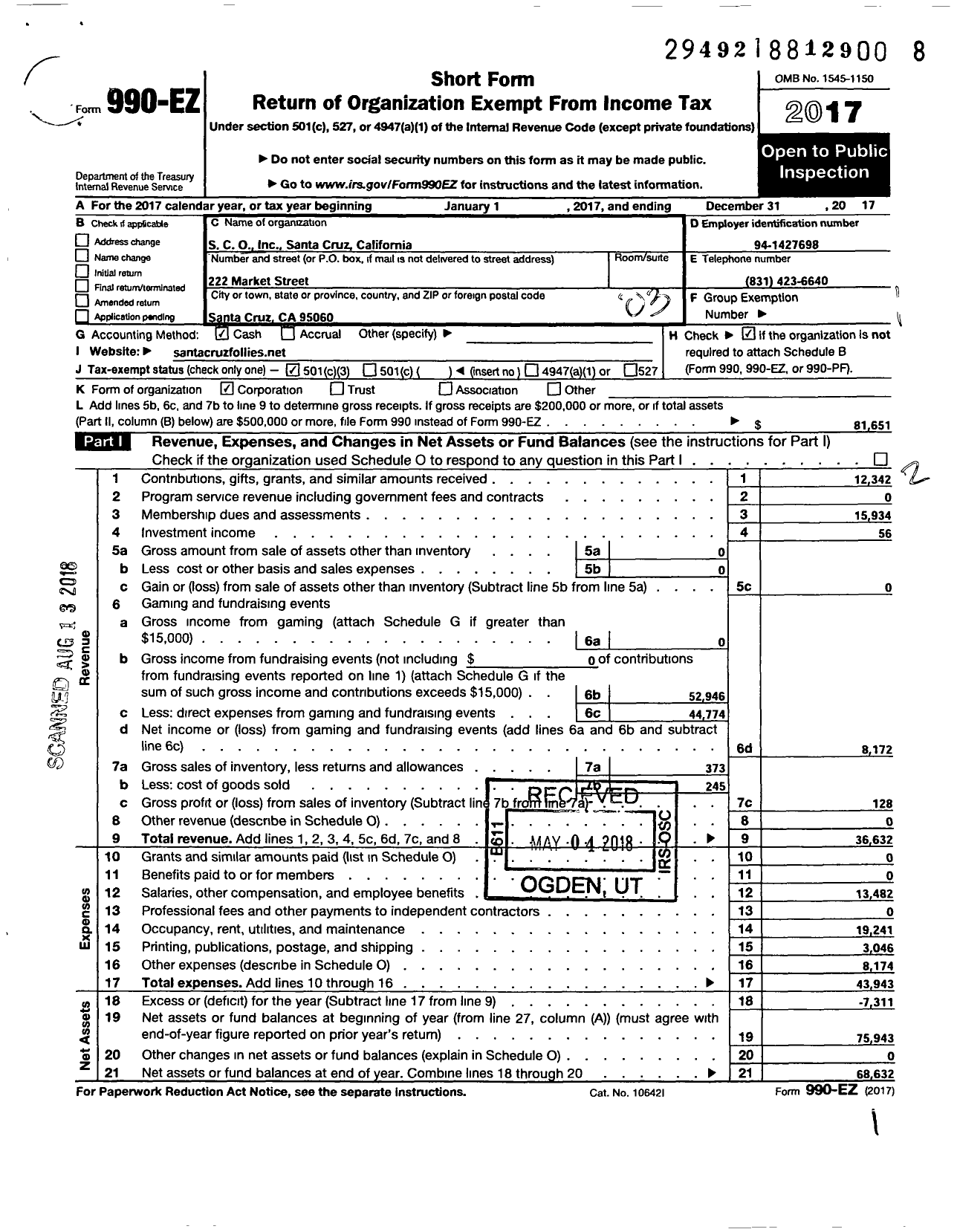 Image of first page of 2017 Form 990EZ for Sco Santa Cruz California