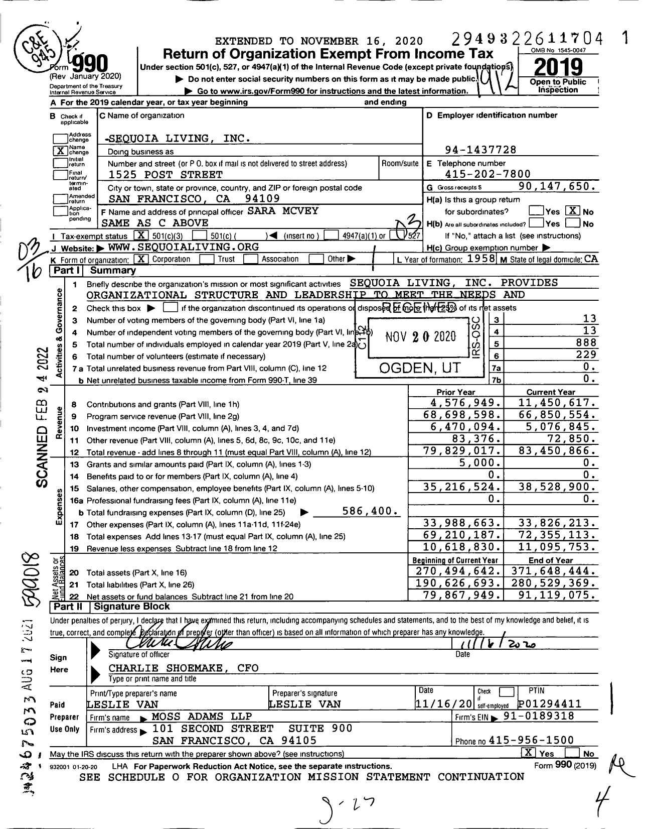 Image of first page of 2019 Form 990 for Sequoia Living