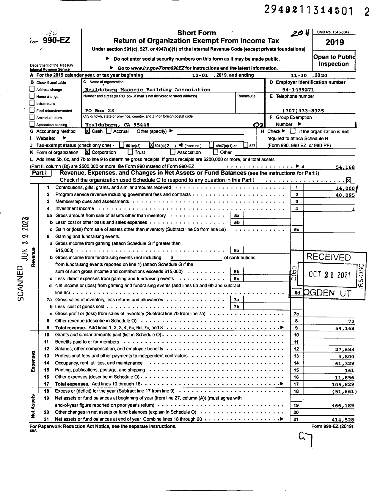 Image of first page of 2019 Form 990EO for Healdsburg Masonic Building Association