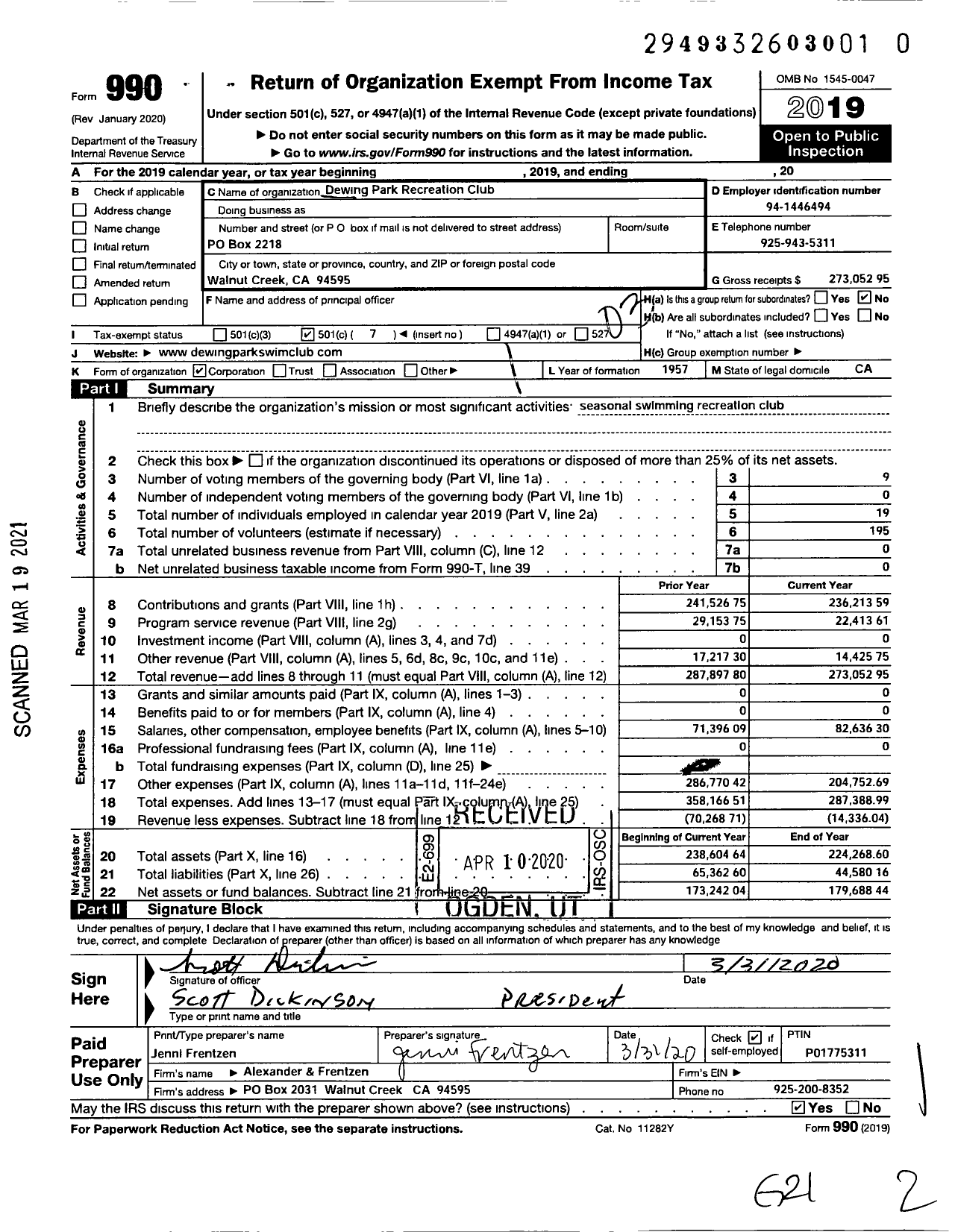 Image of first page of 2019 Form 990 for Dewing Park Recreation Club