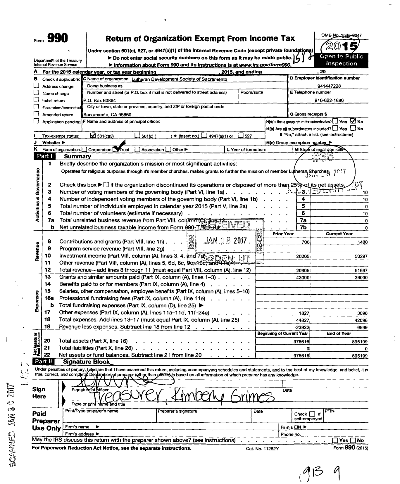 Image of first page of 2015 Form 990 for Lutheran Development Society of Sacramento