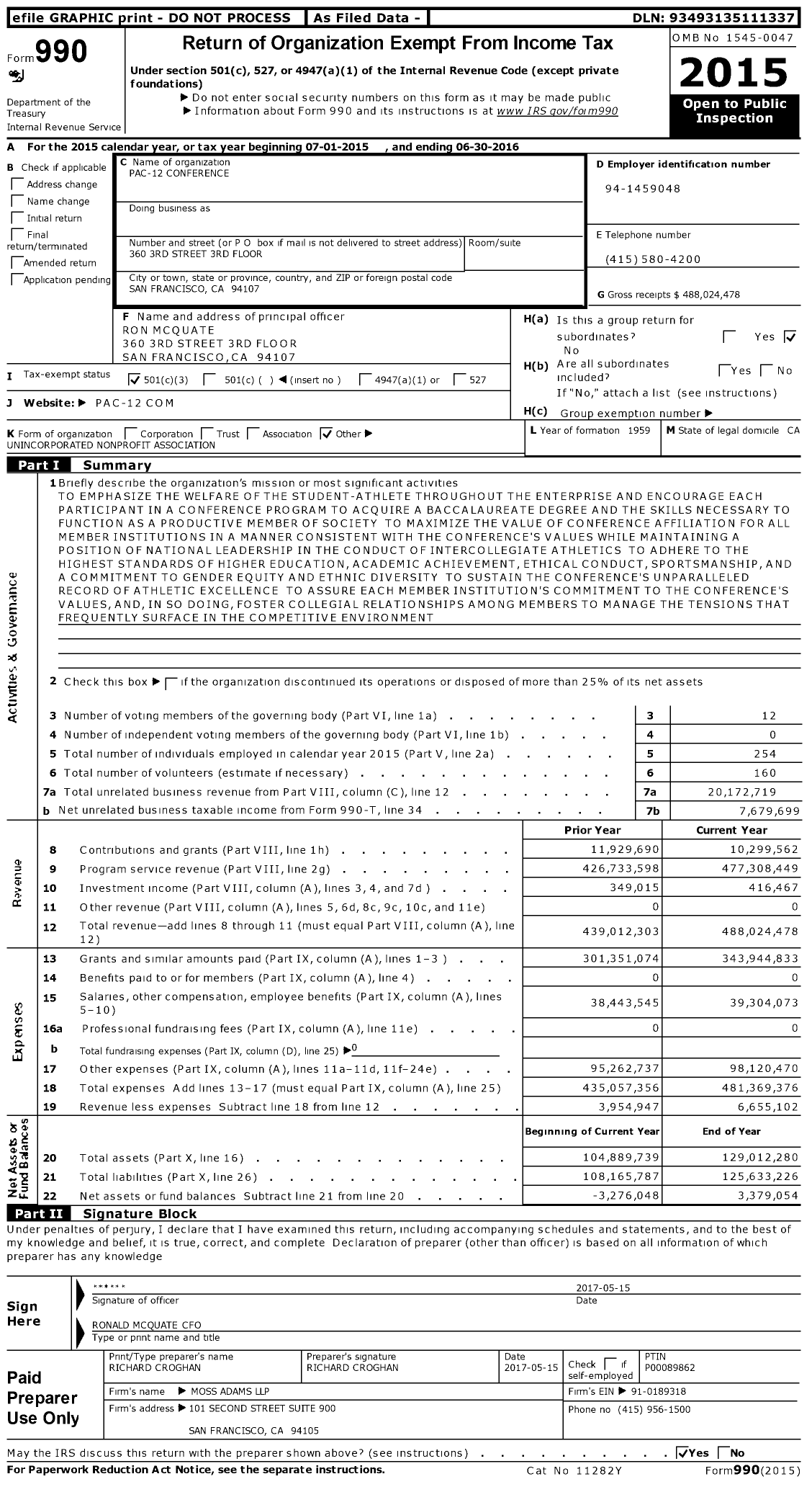 Image of first page of 2015 Form 990 for PAC-12 Conference