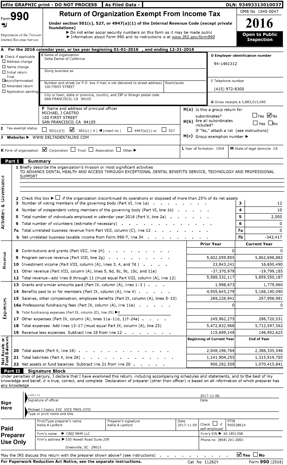 Image of first page of 2016 Form 990O for Delta Dental of California