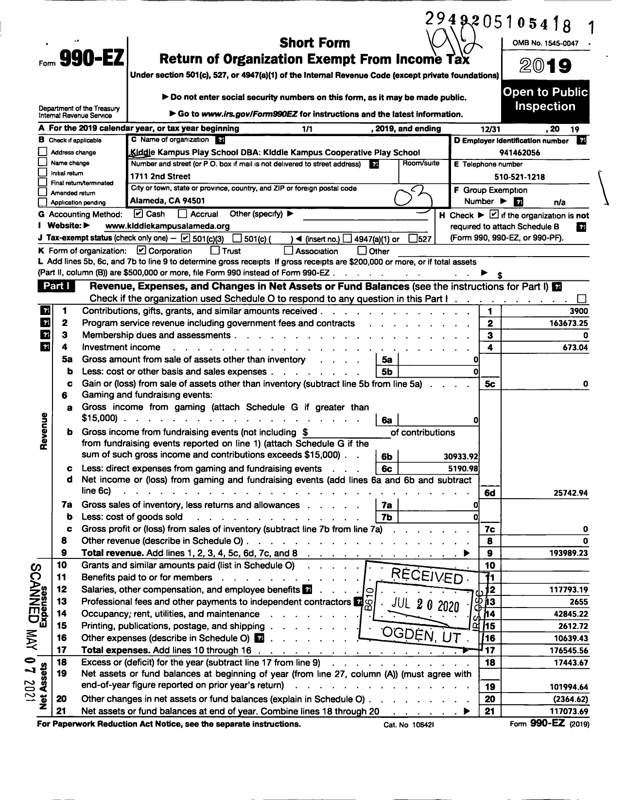 Image of first page of 2019 Form 990EZ for Kiddie Kampus Cooperative Play School