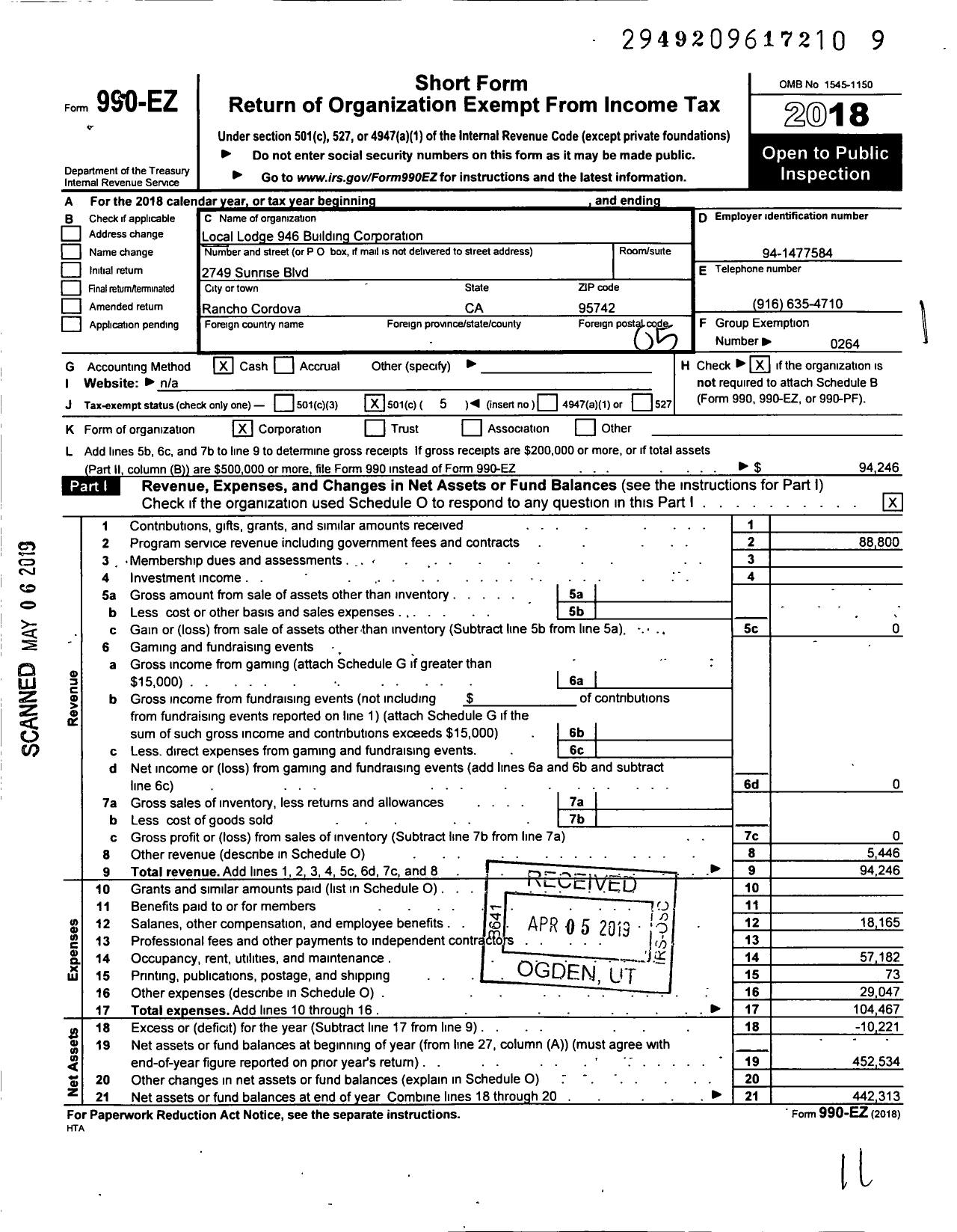 Image of first page of 2018 Form 990EO for International Association of Machinists and Aerospace Workers - 946 Building Corporation