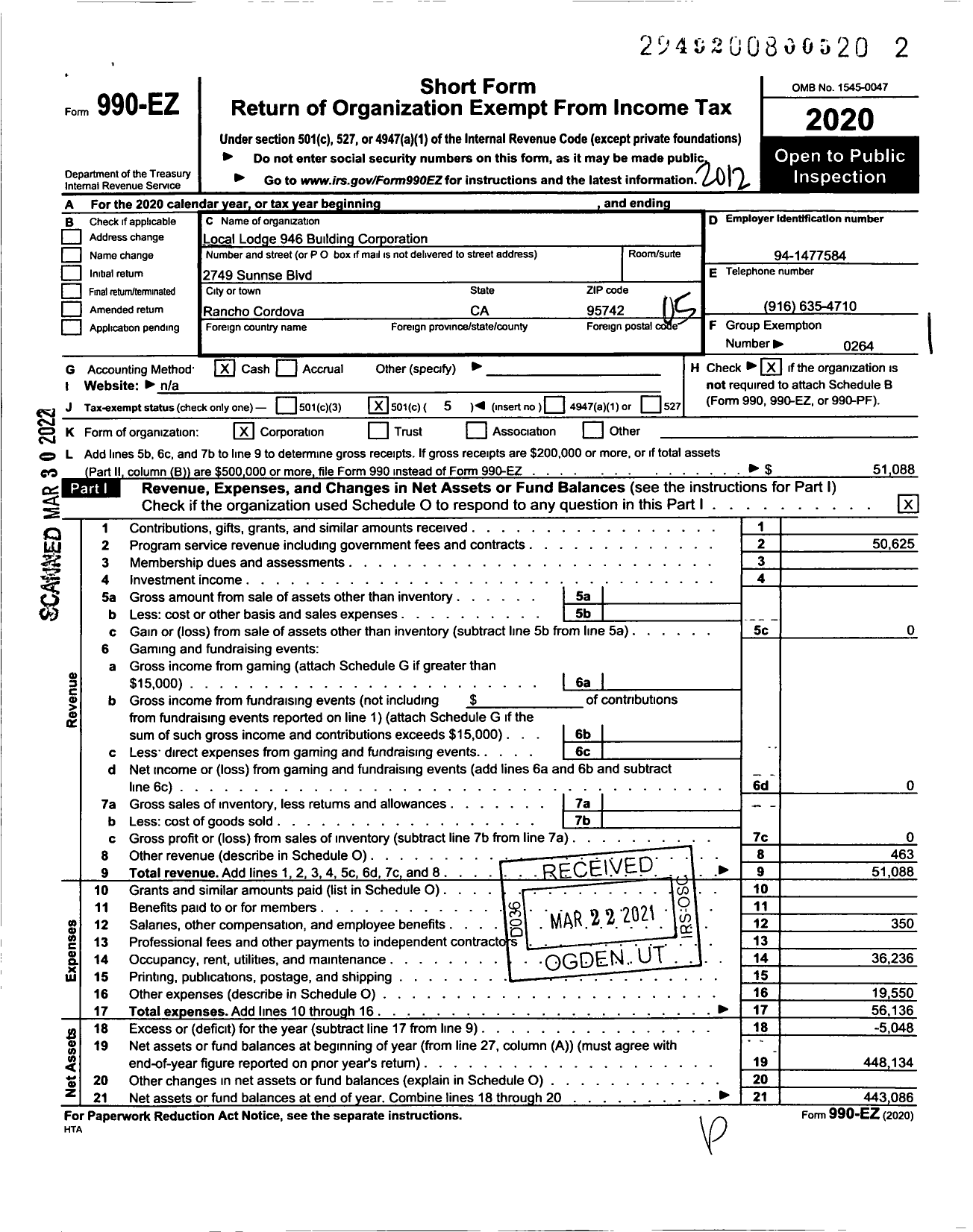 Image of first page of 2020 Form 990EO for International Association of Machinists and Aerospace Workers - 946 Building Corporation