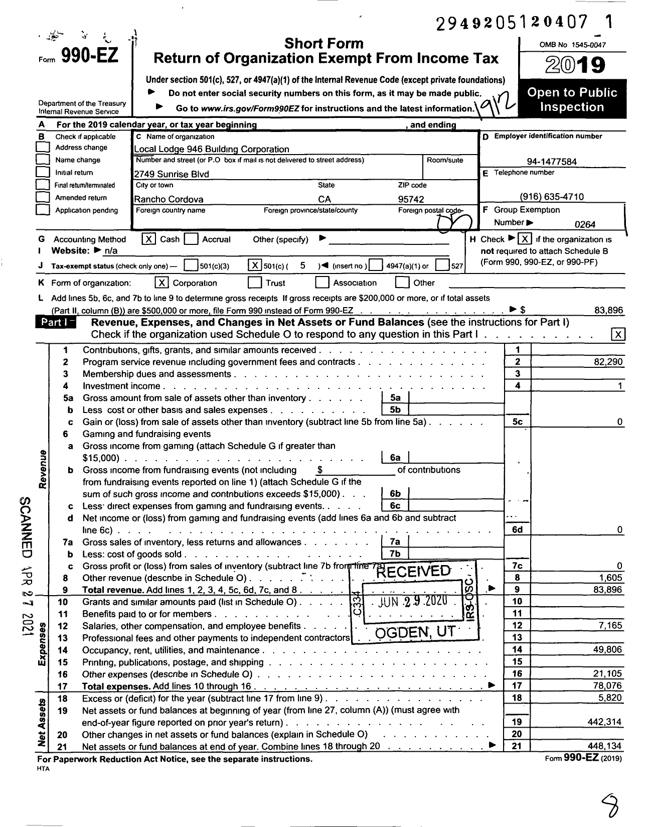 Image of first page of 2019 Form 990EO for International Association of Machinists and Aerospace Workers - 946 Building Corporation