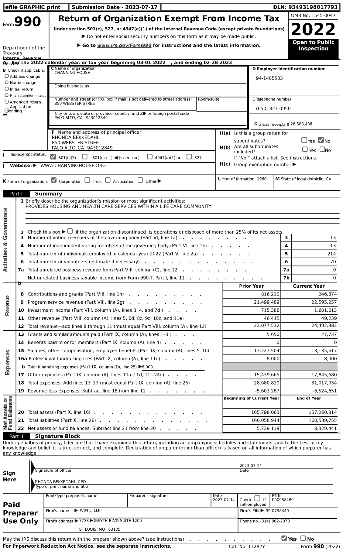 Image of first page of 2022 Form 990 for Channing House
