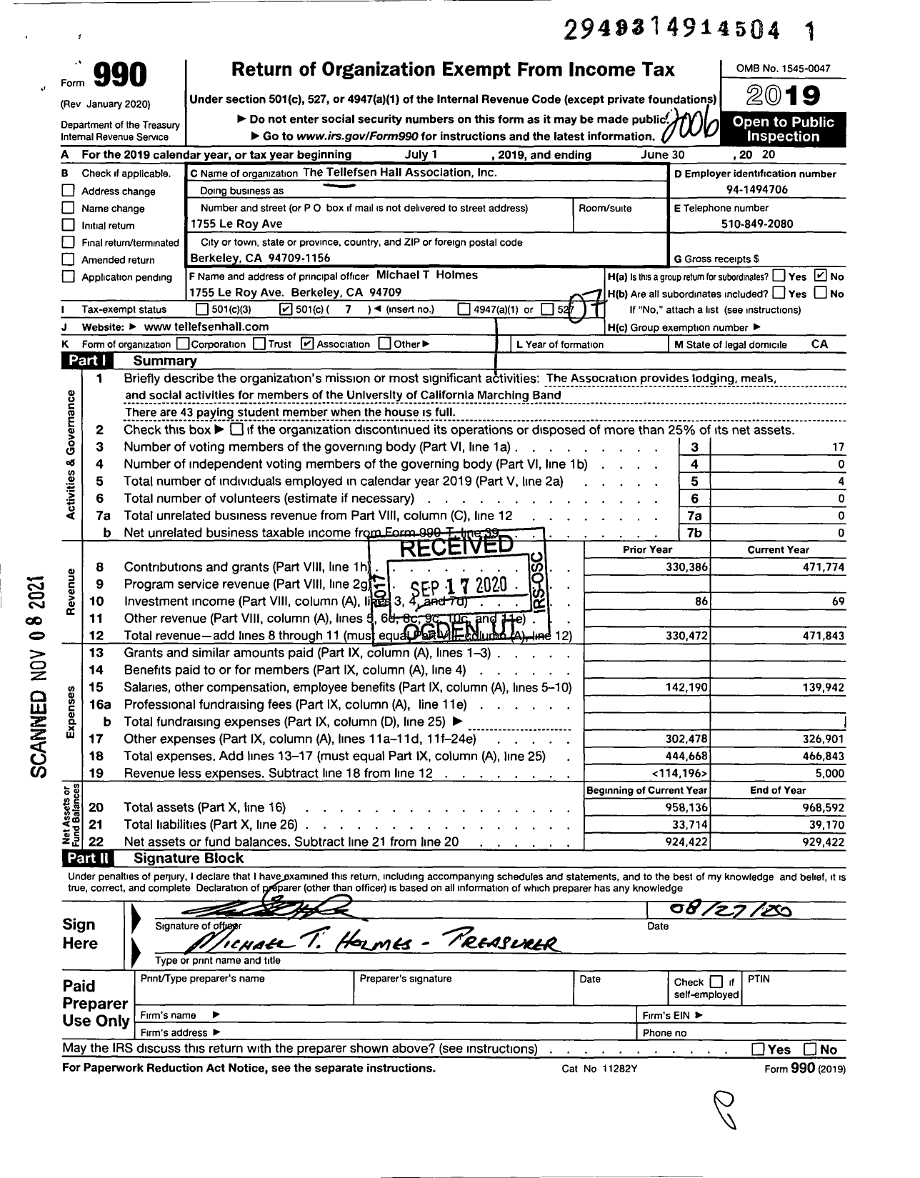 Image of first page of 2019 Form 990O for Tellefsen Hall Association