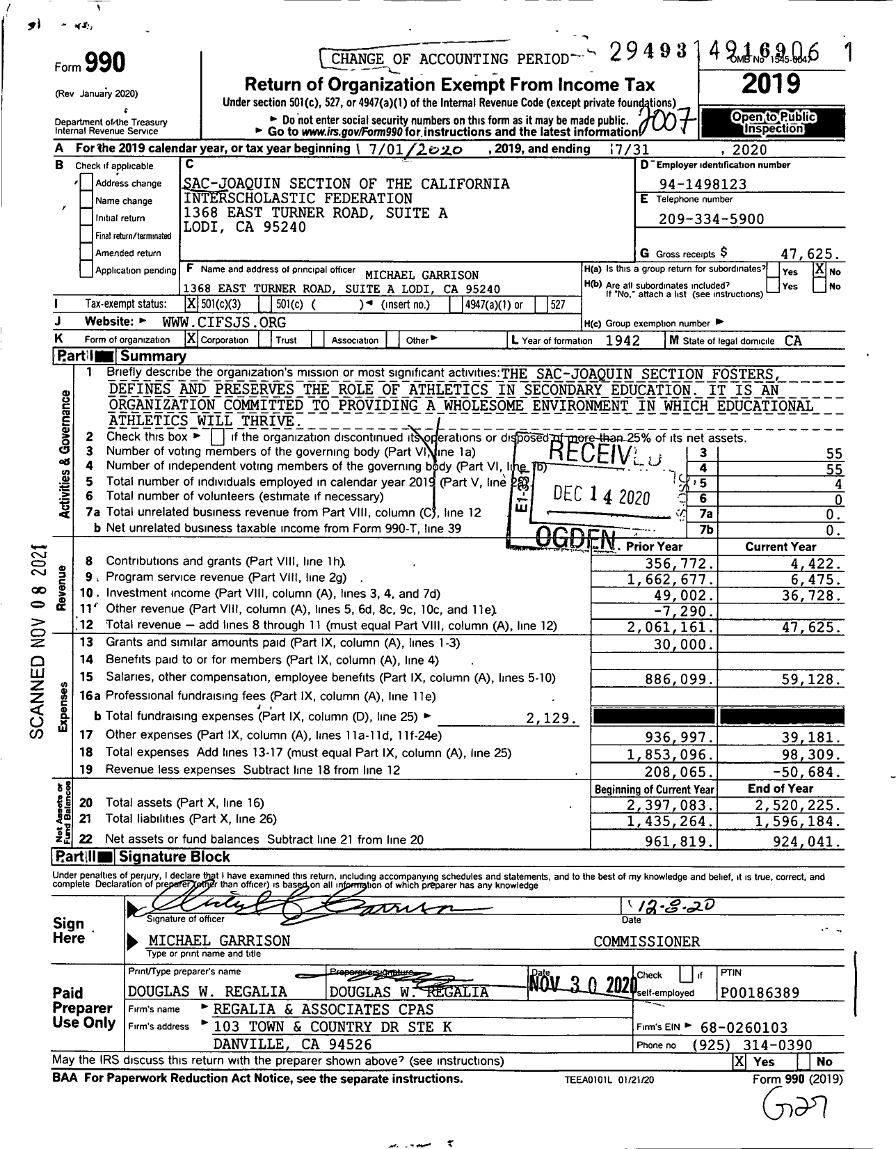 Image of first page of 2019 Form 990 for Sac-Joaquin Section of the California Interscholastic Federation