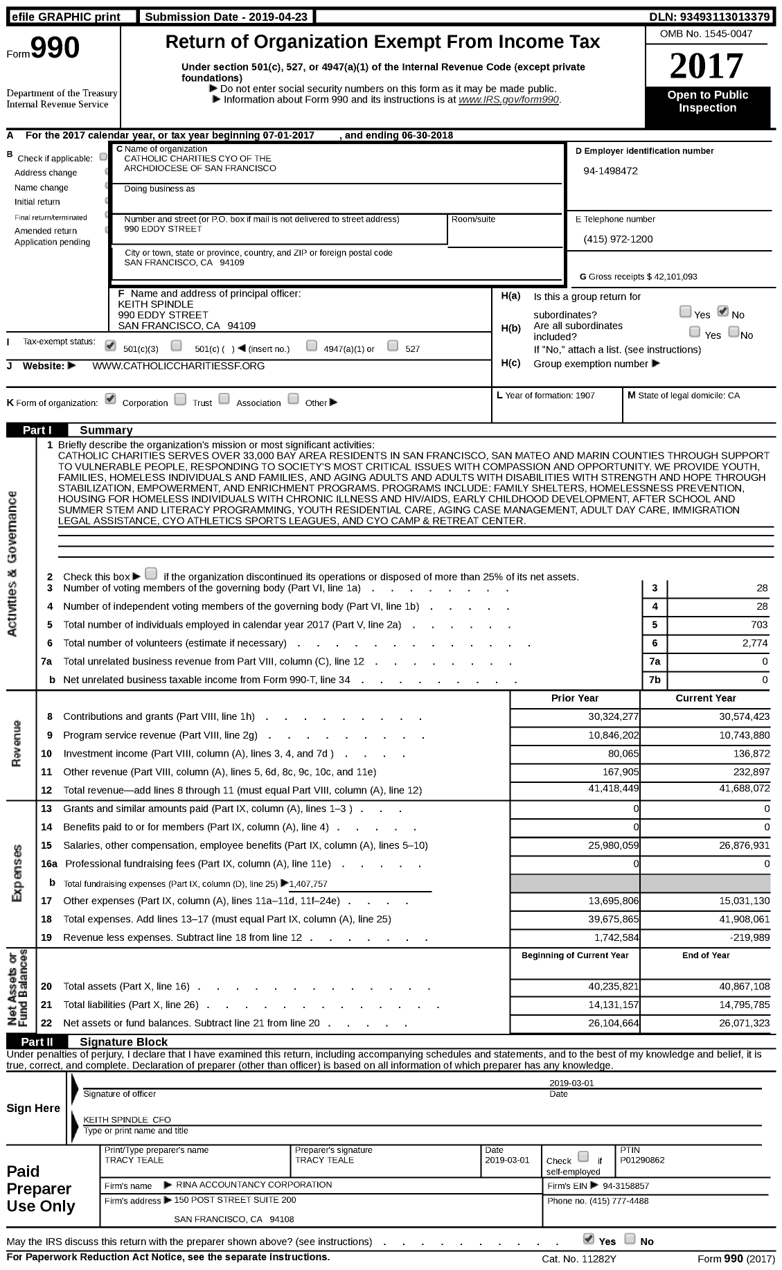 Image of first page of 2017 Form 990 for Catholic Charities San Francisco