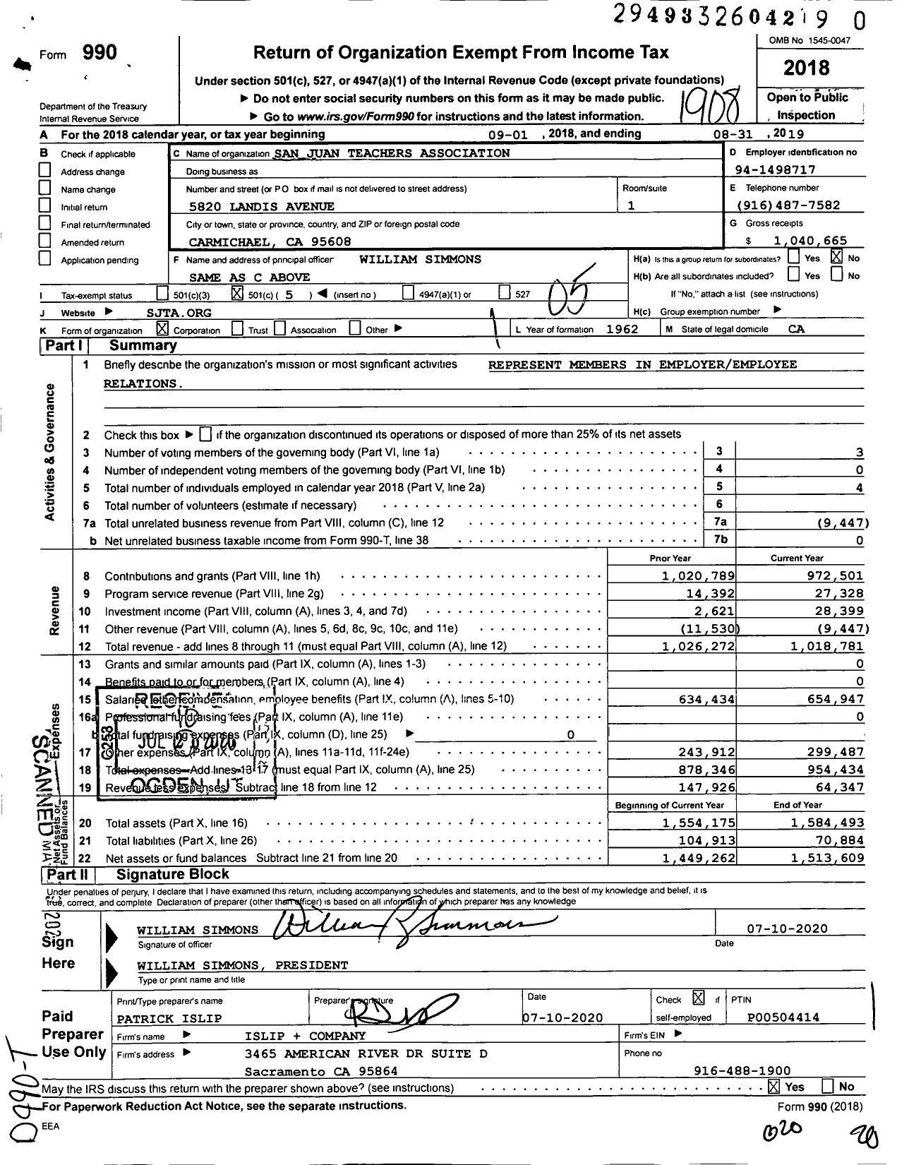 Image of first page of 2018 Form 990O for California Teachers Association - San Juan Teachers Assn