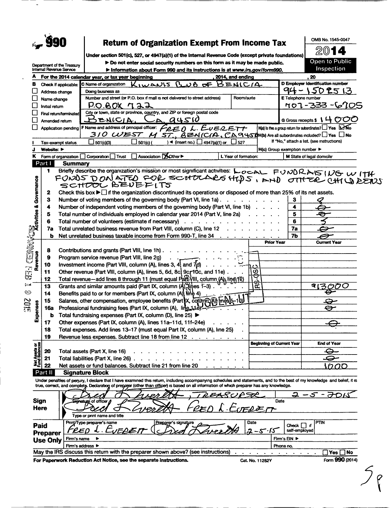 Image of first page of 2014 Form 990O for Kiwanis International - K01487 Benicia