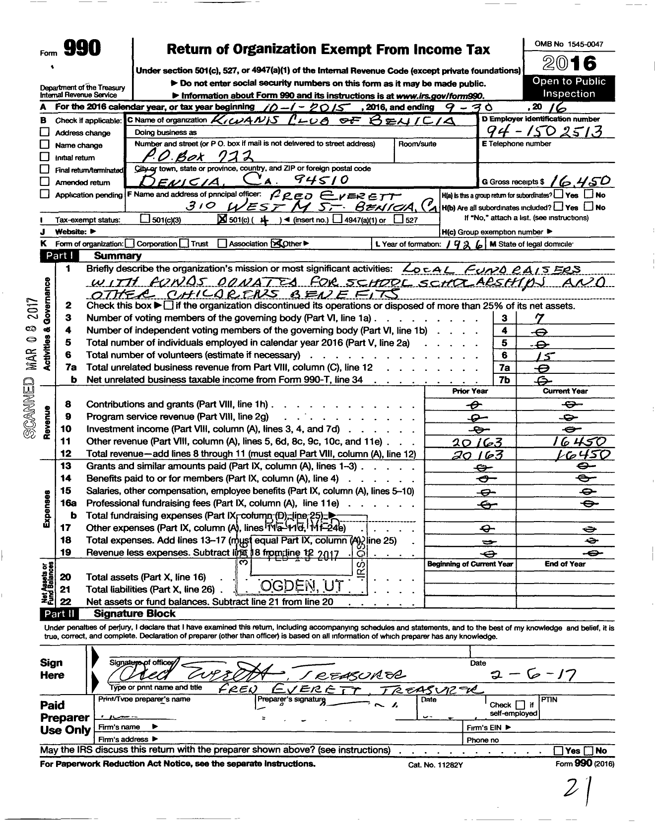 Image of first page of 2015 Form 990O for Kiwanis International - K01487 Benicia