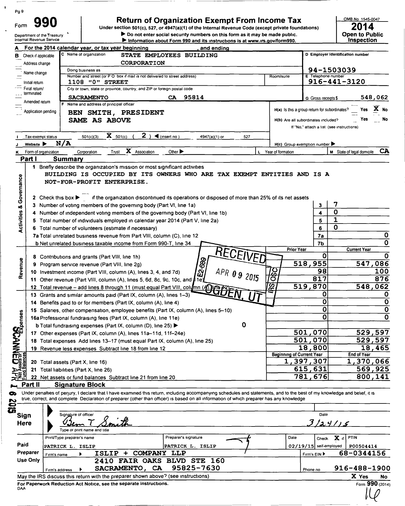 Image of first page of 2014 Form 990O for State Employees Building Corporation
