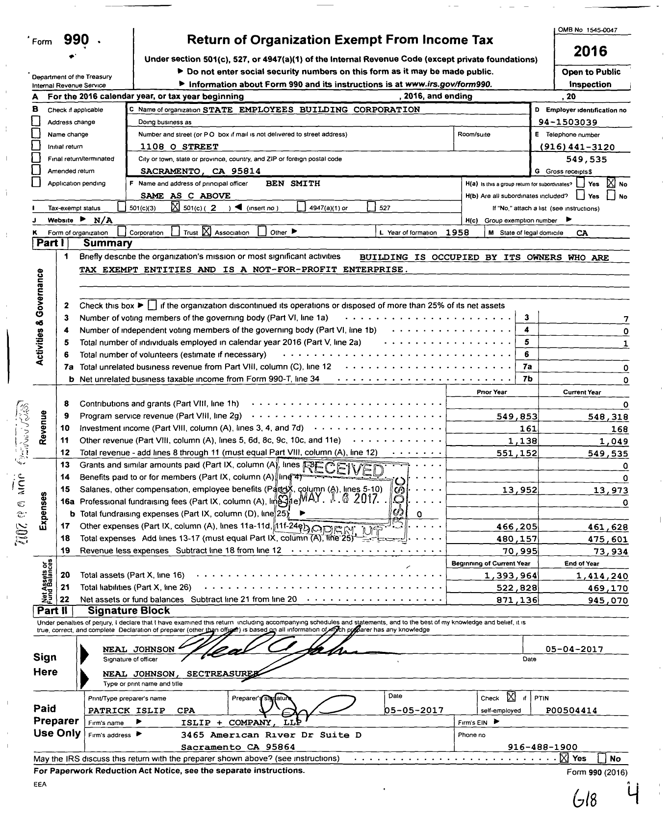 Image of first page of 2016 Form 990O for State Employees Building Corporation