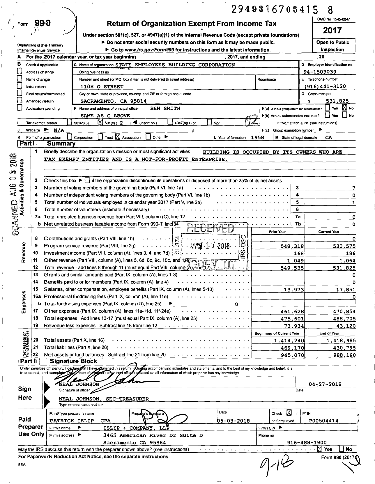 Image of first page of 2017 Form 990O for State Employees Building Corporation