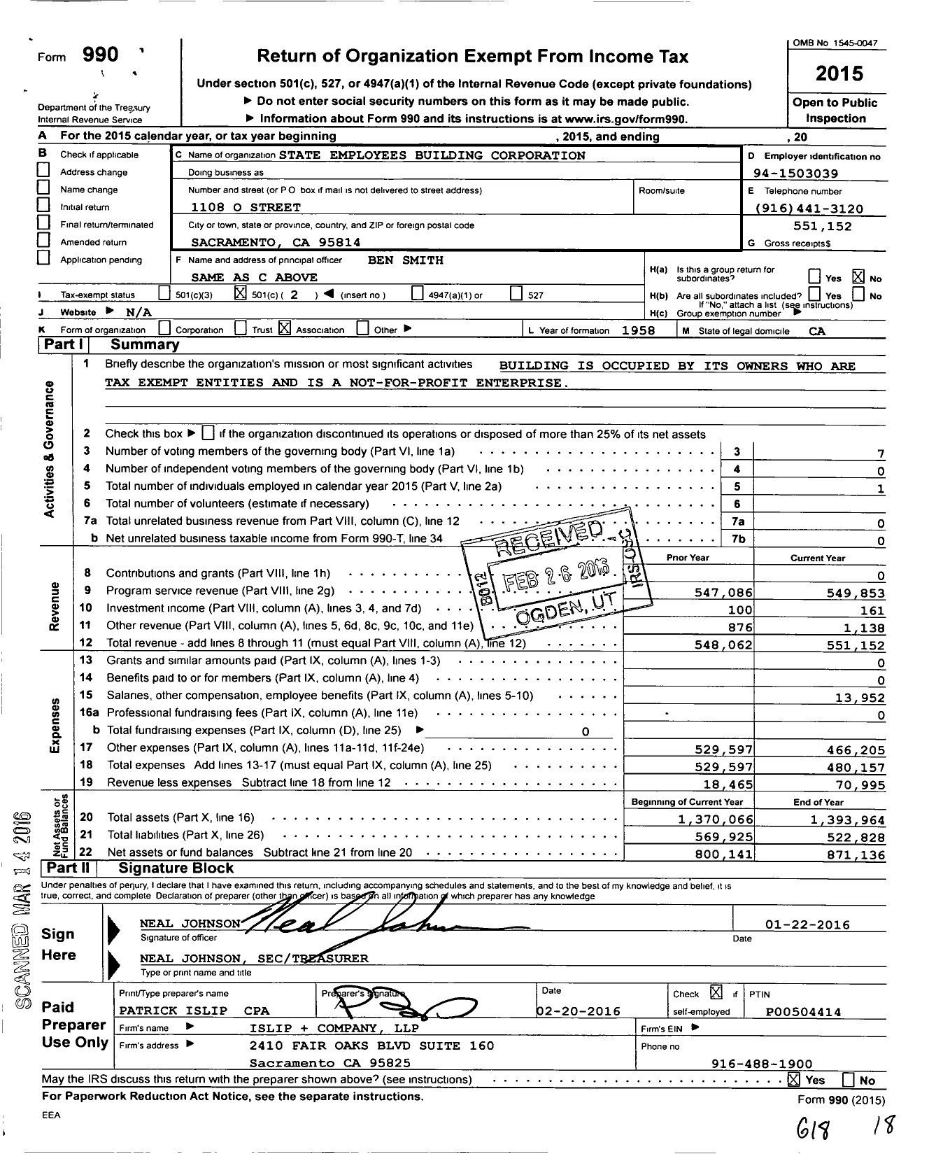Image of first page of 2015 Form 990O for State Employees Building Corporation