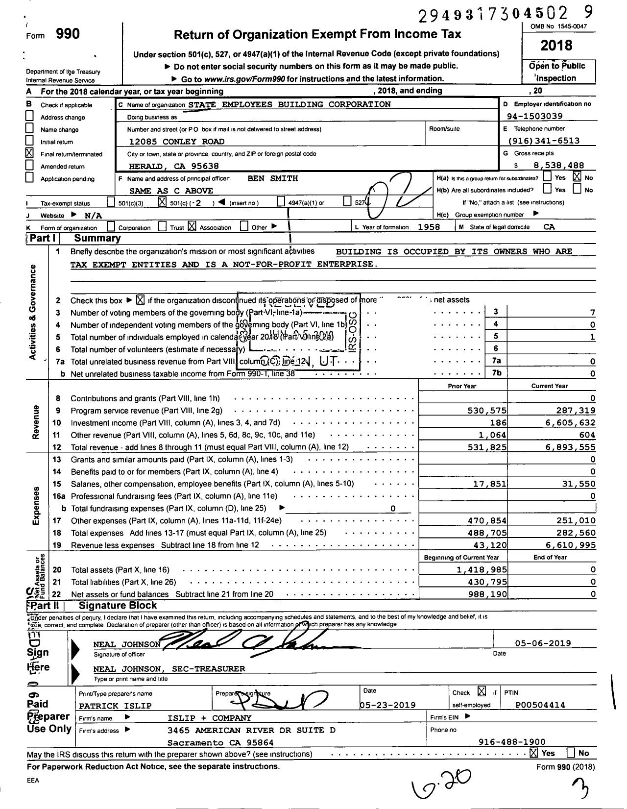 Image of first page of 2018 Form 990O for State Employees Building Corporation